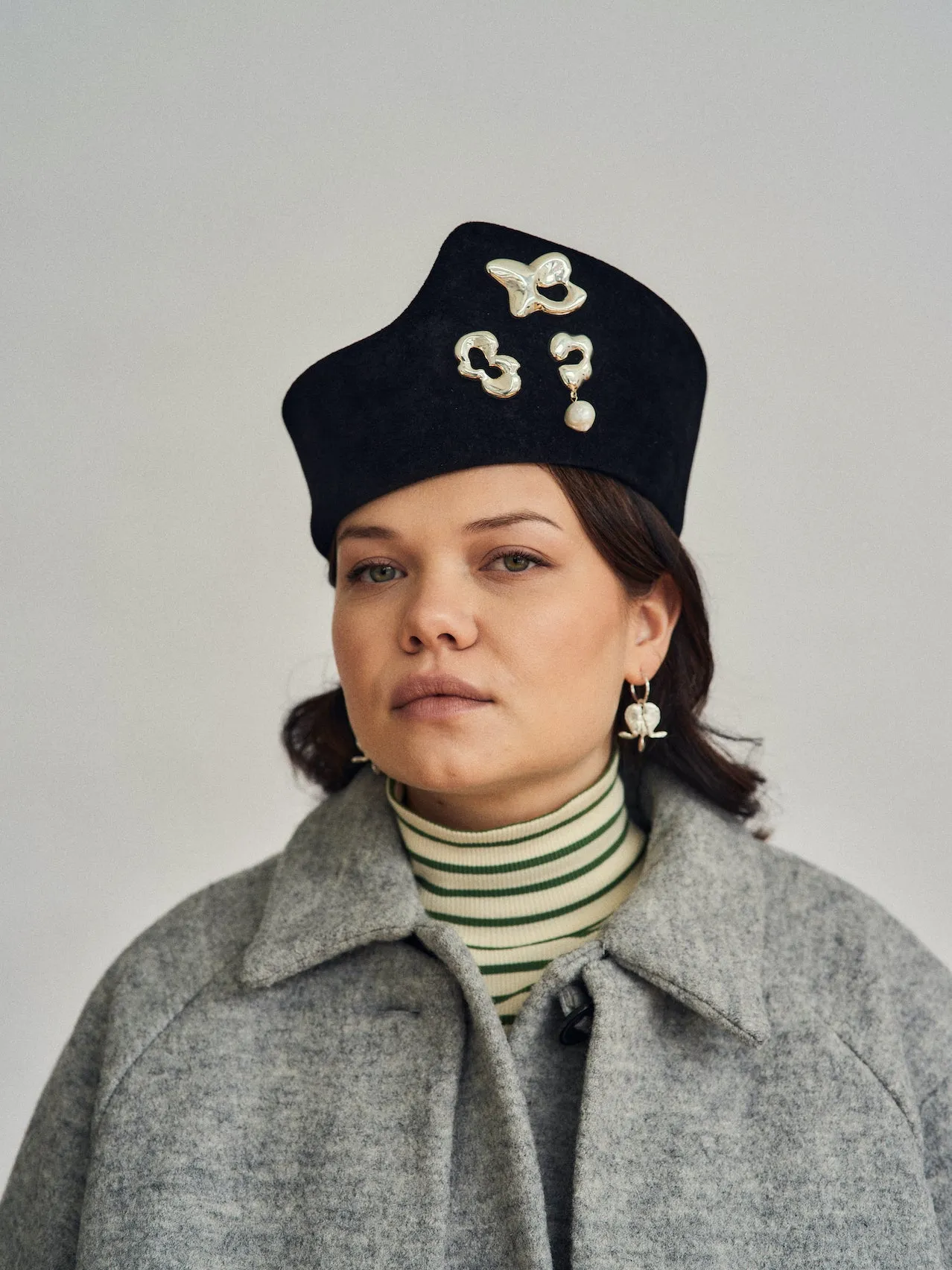 Heirloom Hats x Seola Atelier Ridge – Unisex Brimless Felt Hat in Black with silver brooches sold by Heirloom Hats product image thumbnail 2