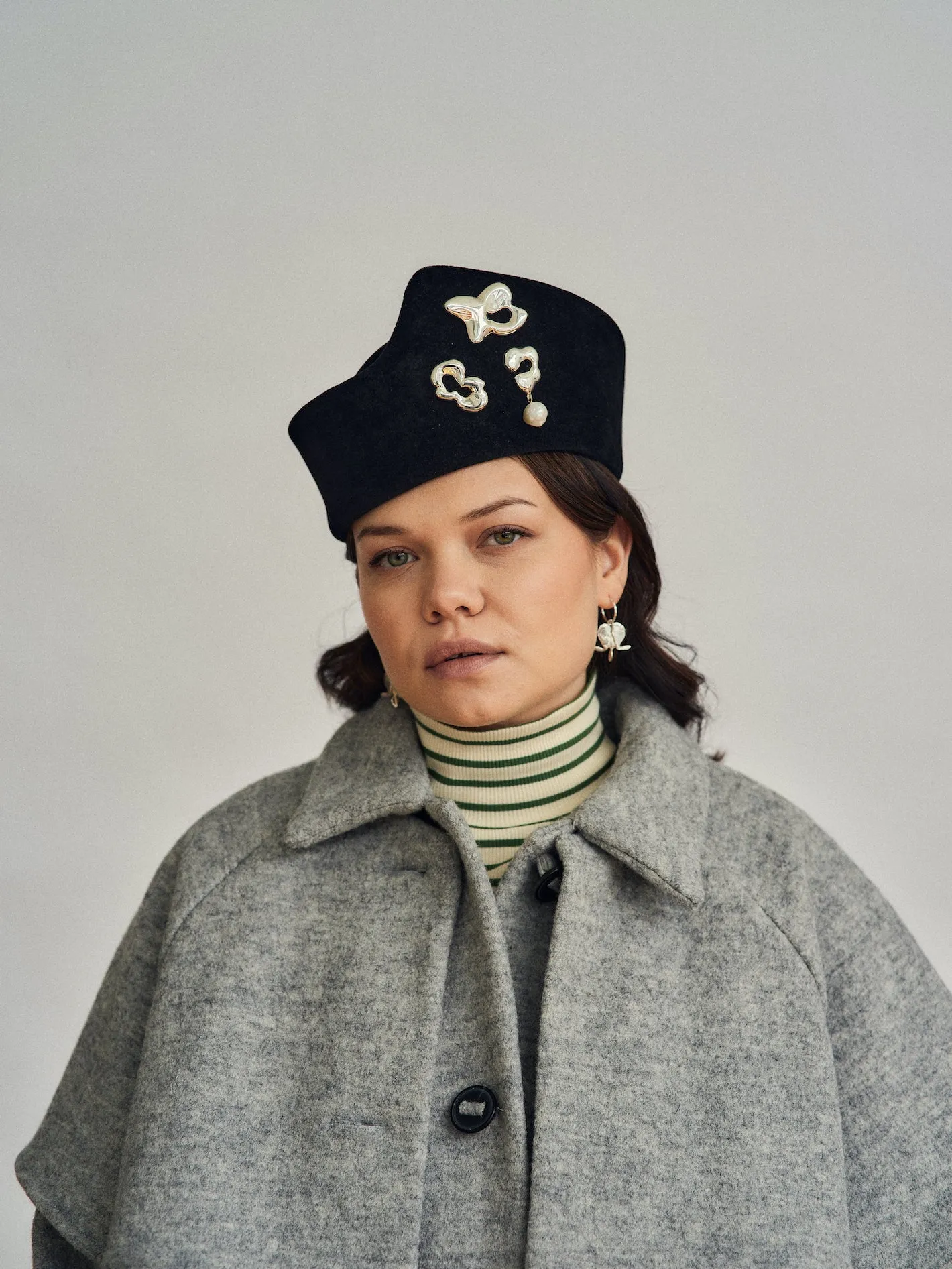 Heirloom Hats x Seola Atelier Ridge – Unisex Brimless Felt Hat in Black with silver brooches sold by Heirloom Hats product image thumbnail 5