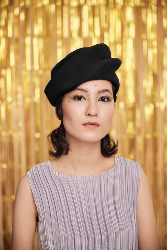 Swirl | Asymmetrical Full-Coverage Felt Beret | Black sold by Heirloom Hats