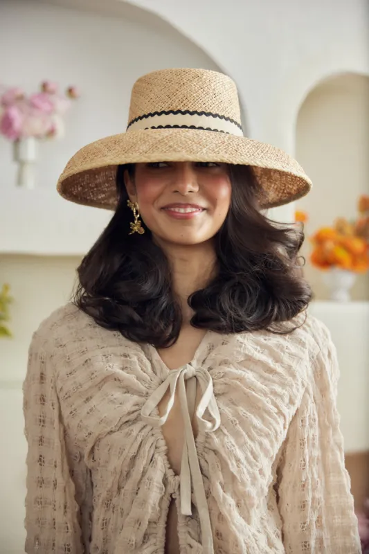 Calcarella straw hat - Detachable natural grosgrain ribbon with black ric-rac sold by Heirloom Hats