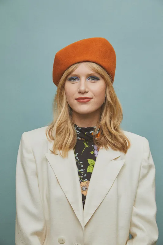 Harbin | Sculptural Structured Beret in Velour Rabbit Felt | Persimmon sold by Heirloom Hats