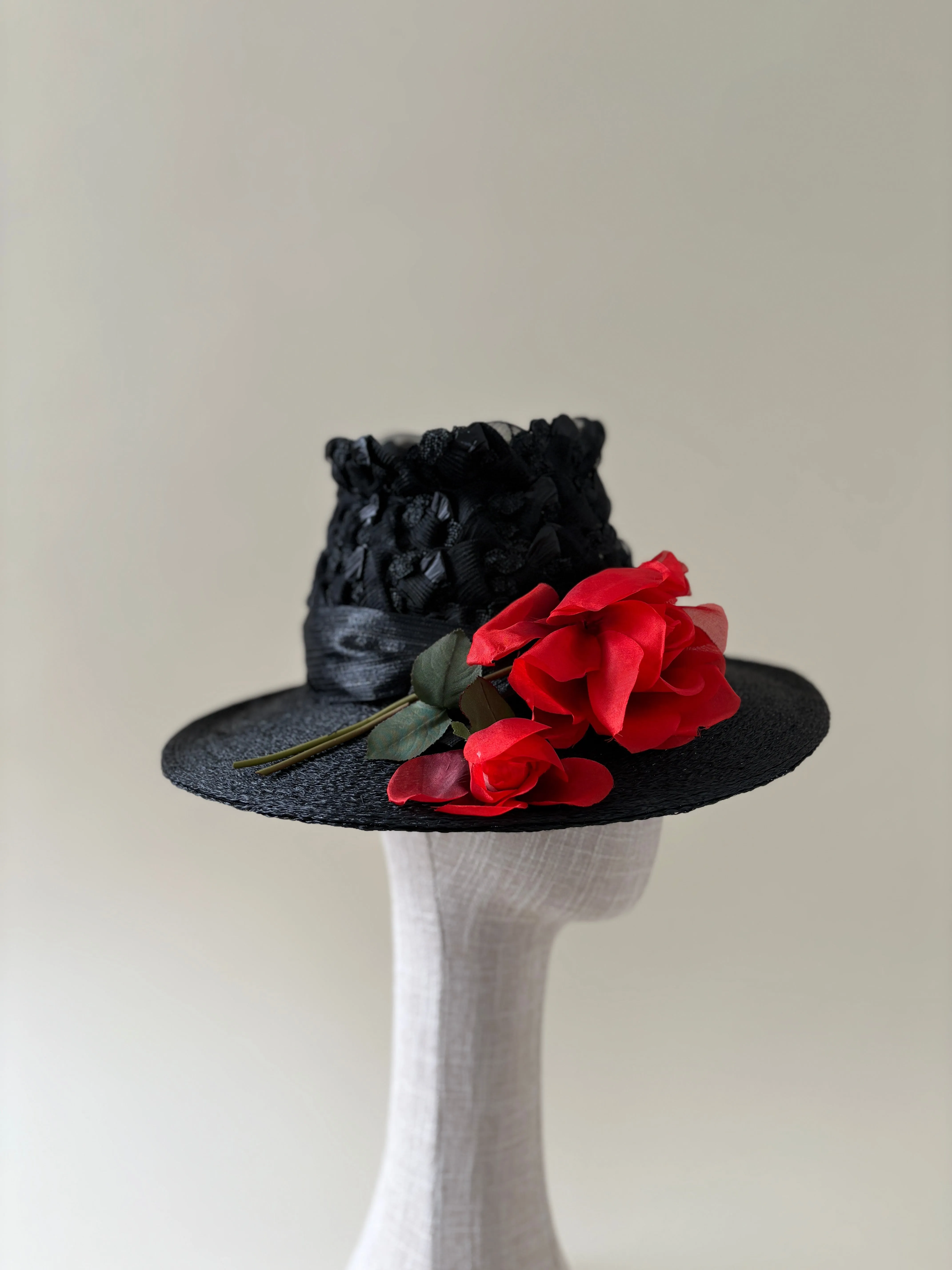 Vintage hat #001 | 1960's black straw hat with red rose sold by Heirloom Hats product image thumbnail 2