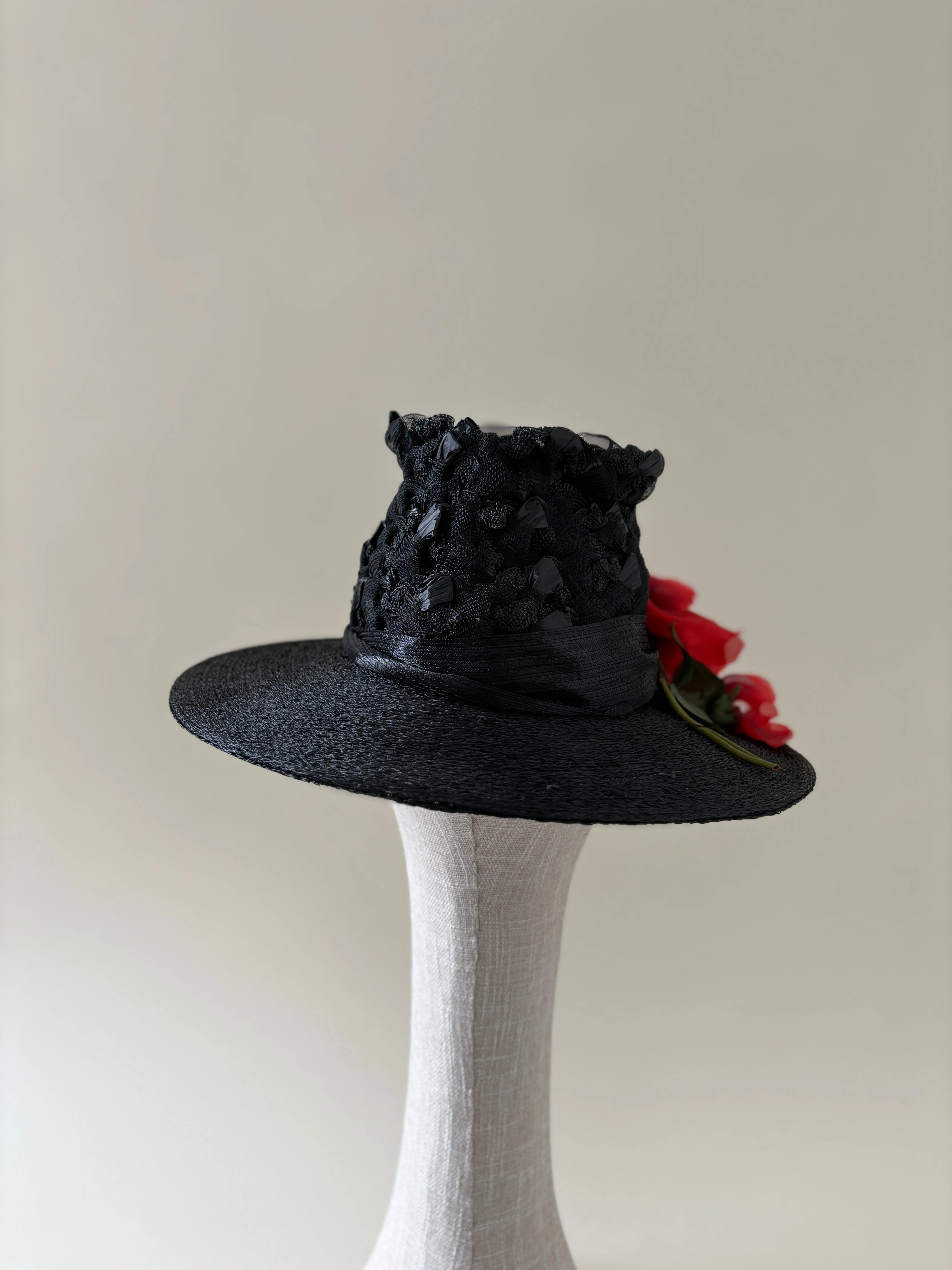 Vintage hat #001 | 1960's black straw hat with red rose sold by Heirloom Hats product image thumbnail 3