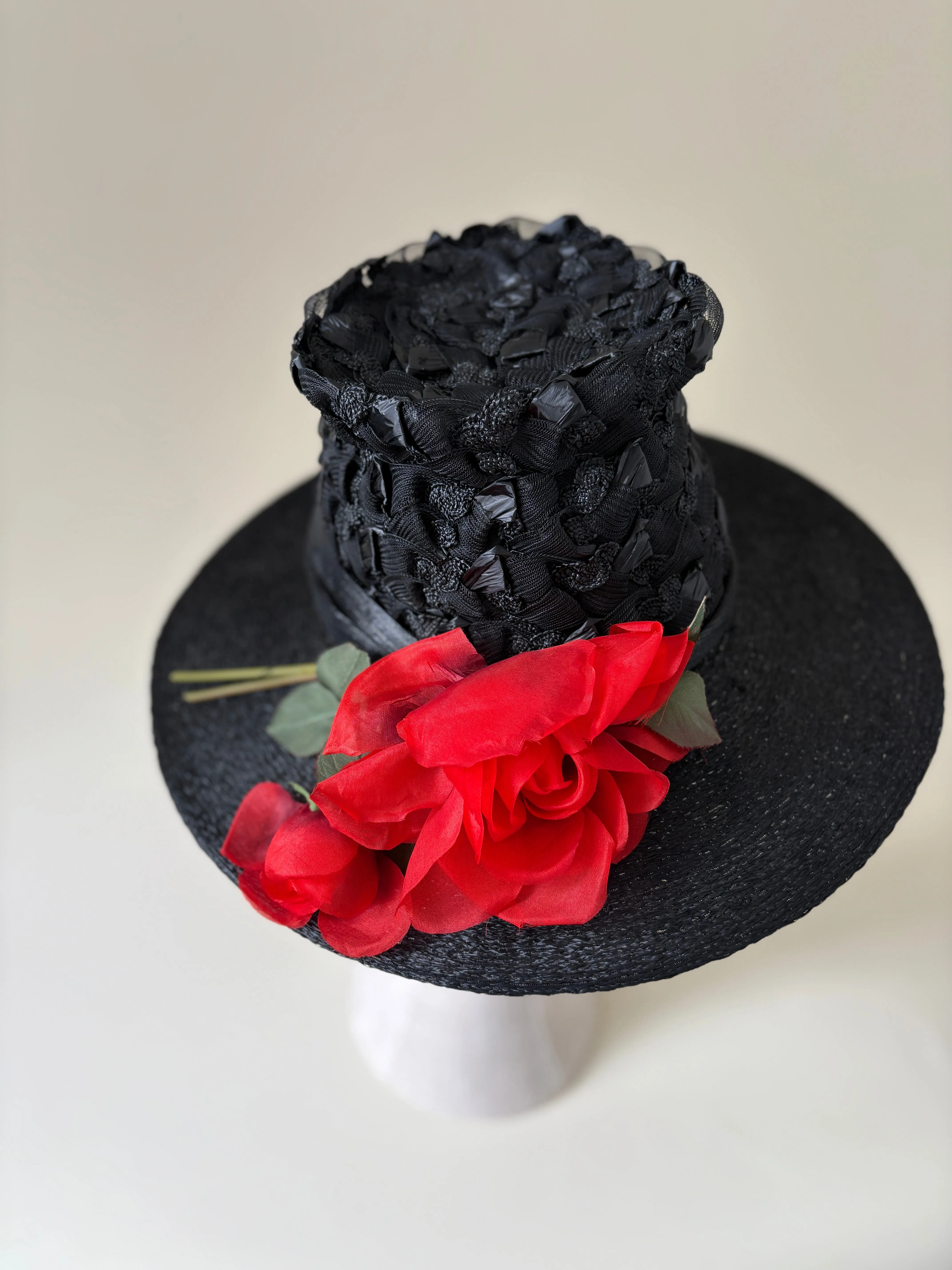 Vintage hat #001 | 1960's black straw hat with red rose sold by Heirloom Hats product image thumbnail 4