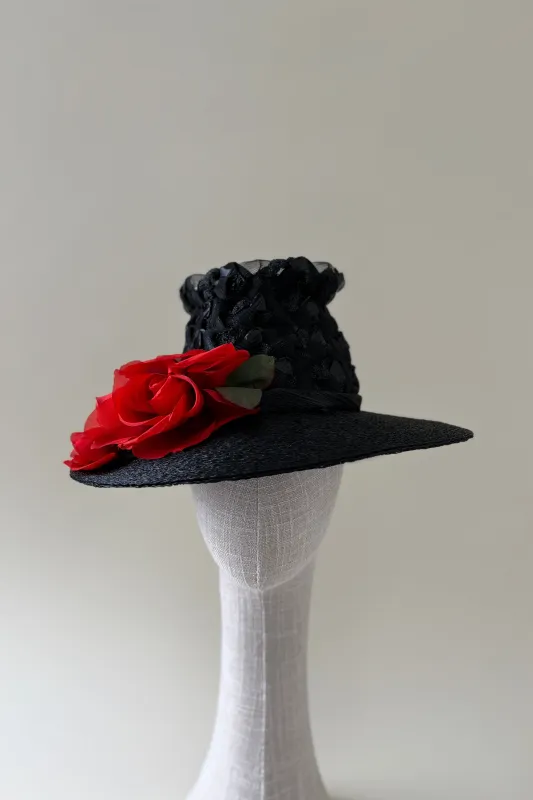 Vintage hat #001 | 1960's black straw hat with red rose made by Heirloom Hats