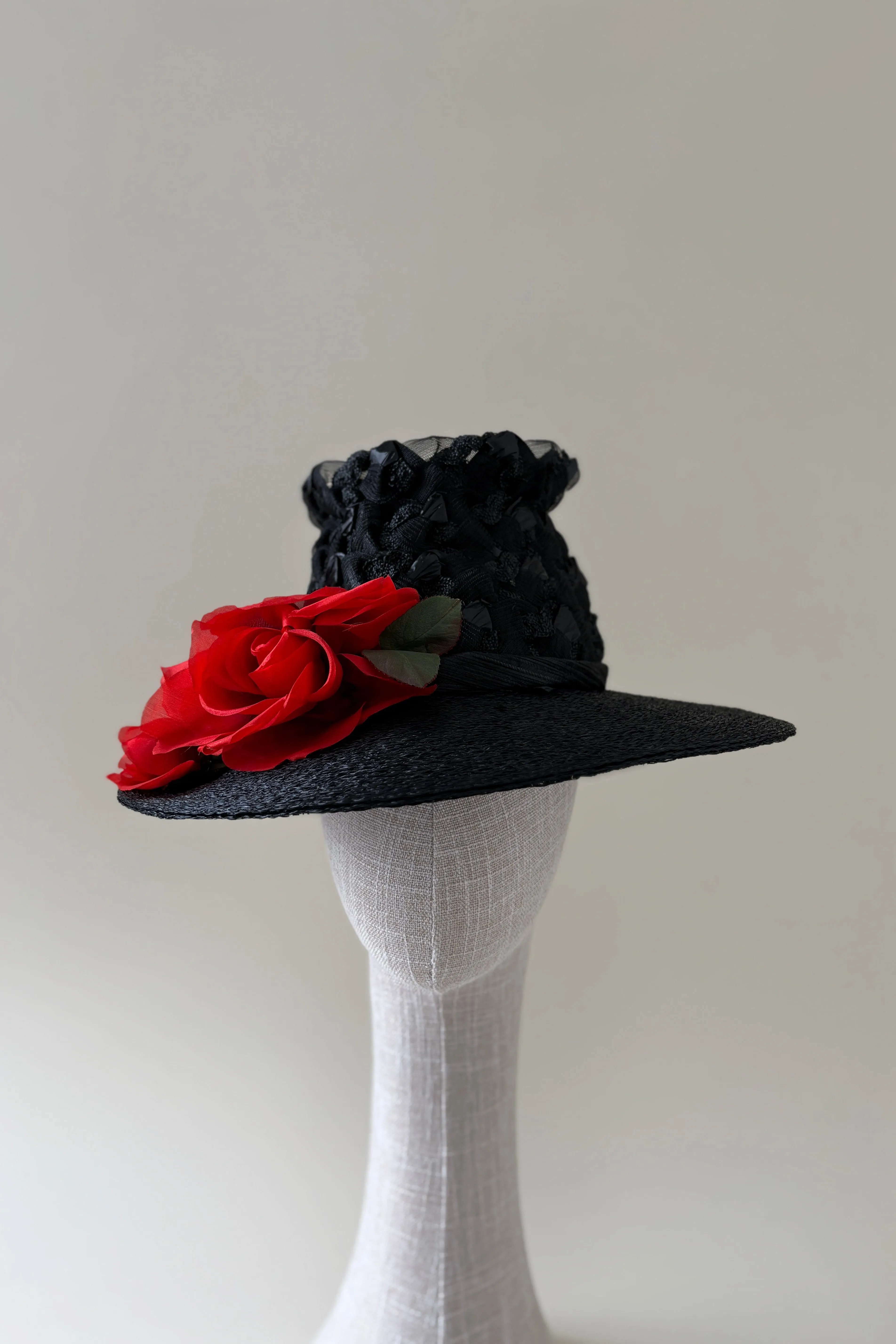 Vintage hat #001 | 1960's black straw hat with red rose sold by Heirloom Hats