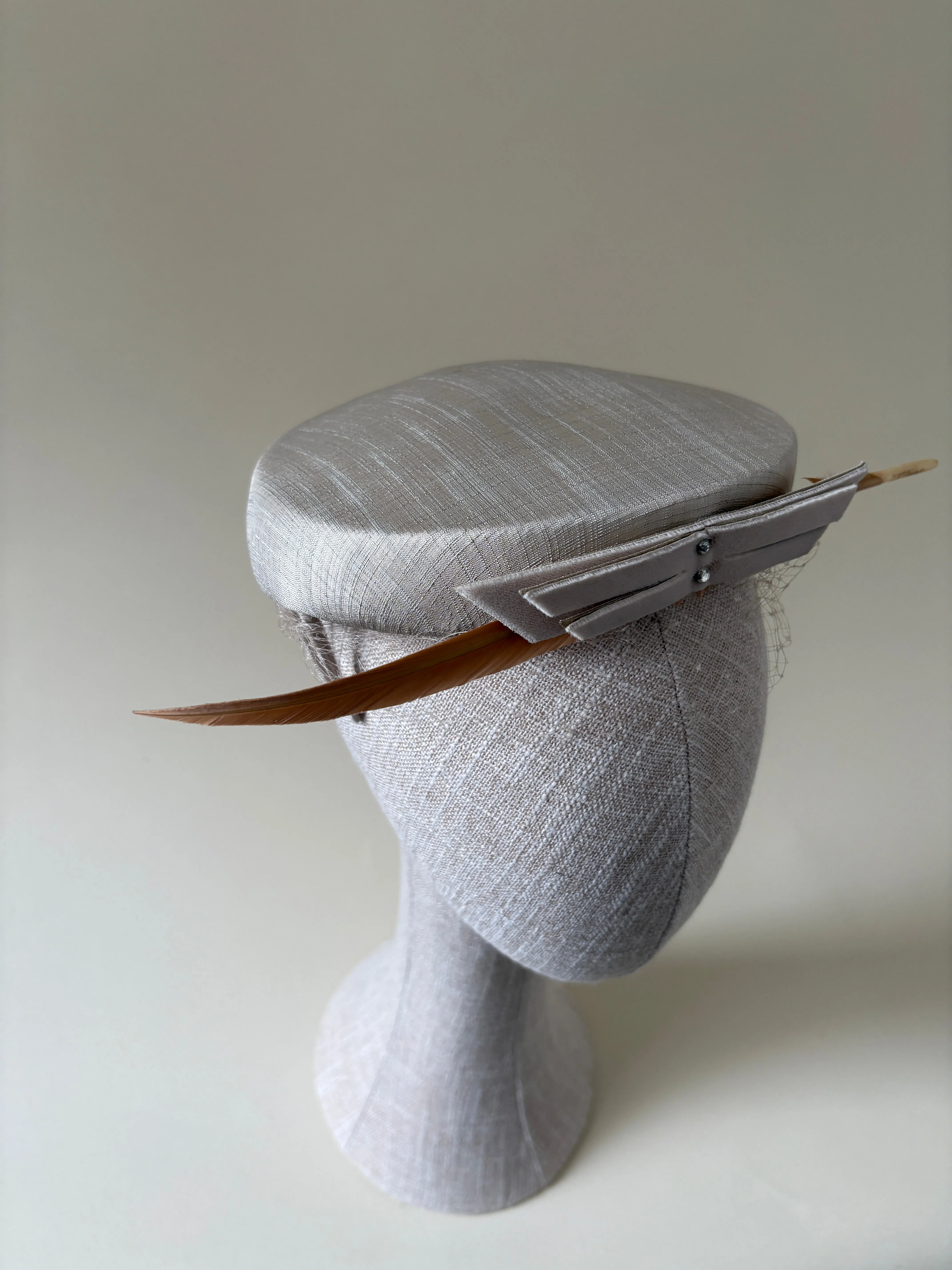 Vintage hat #027 | 1950's Greige cocktail hat with feather and veil sold by Heirloom Hats product image thumbnail 5