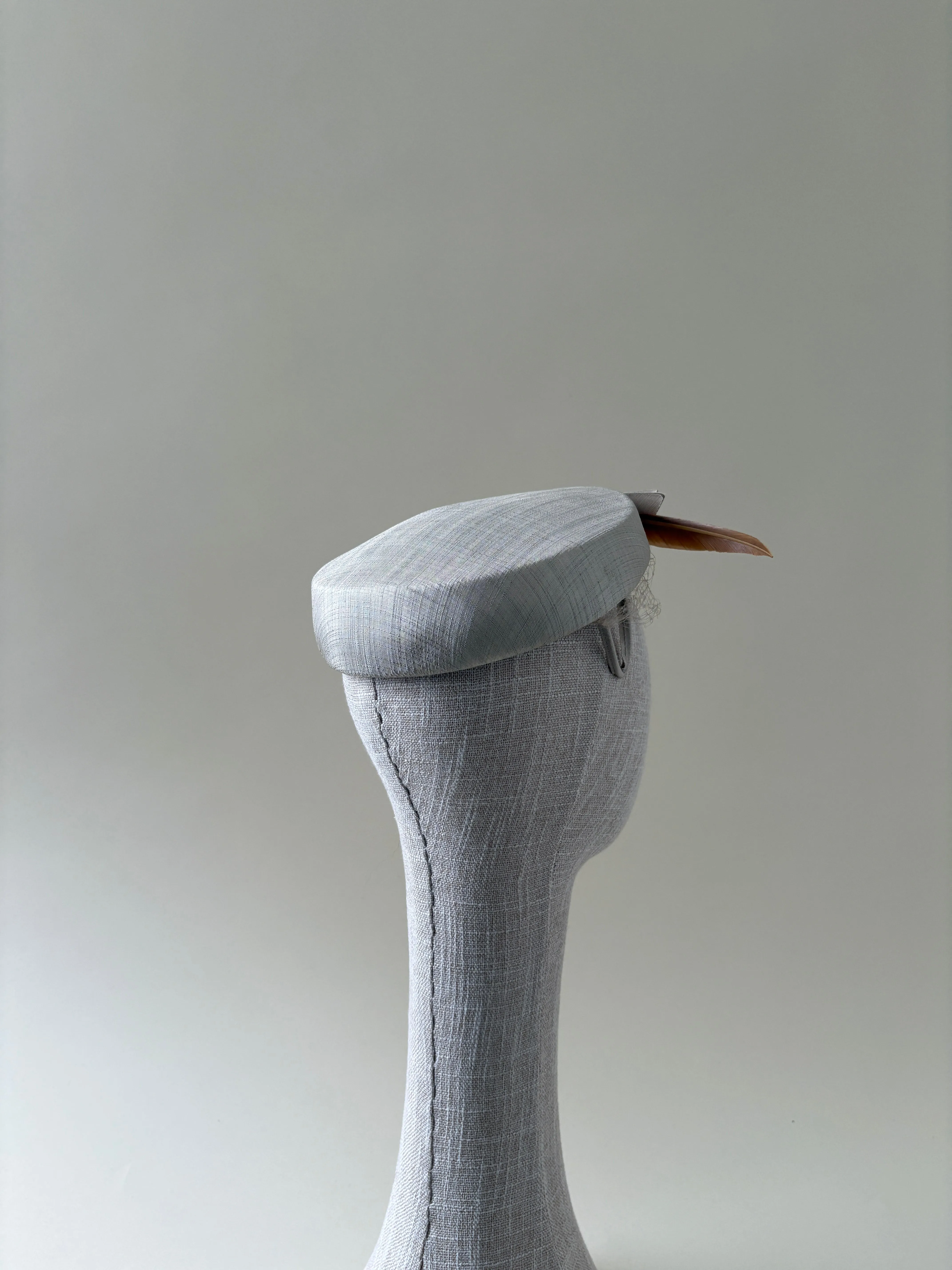 Vintage hat #027 | 1950's Greige cocktail hat with feather and veil sold by Heirloom Hats product image thumbnail 3