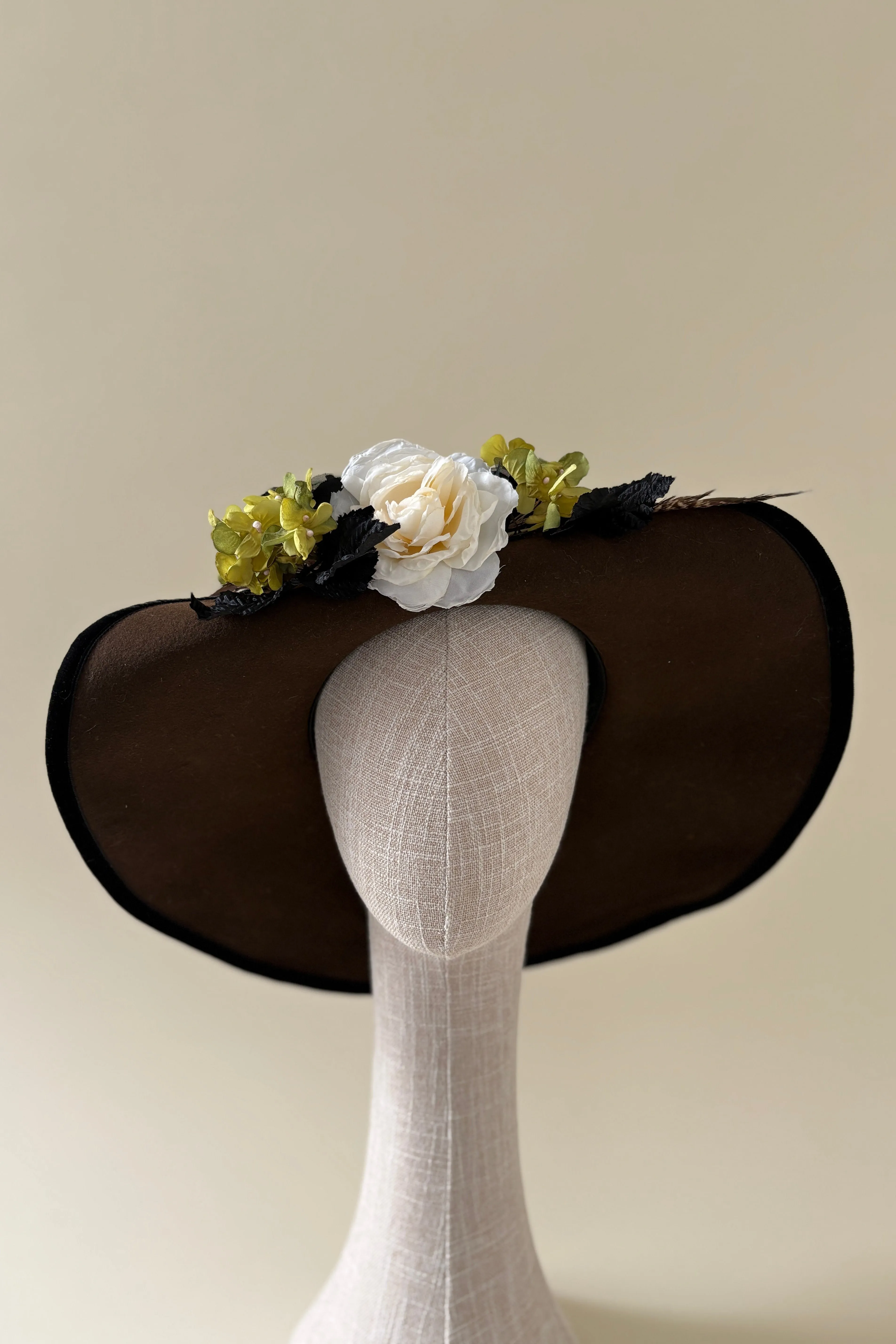 Vintage hat #021 | 1990's Brown wool felt hat with pheasant feather and flowers sold by Heirloom Hats