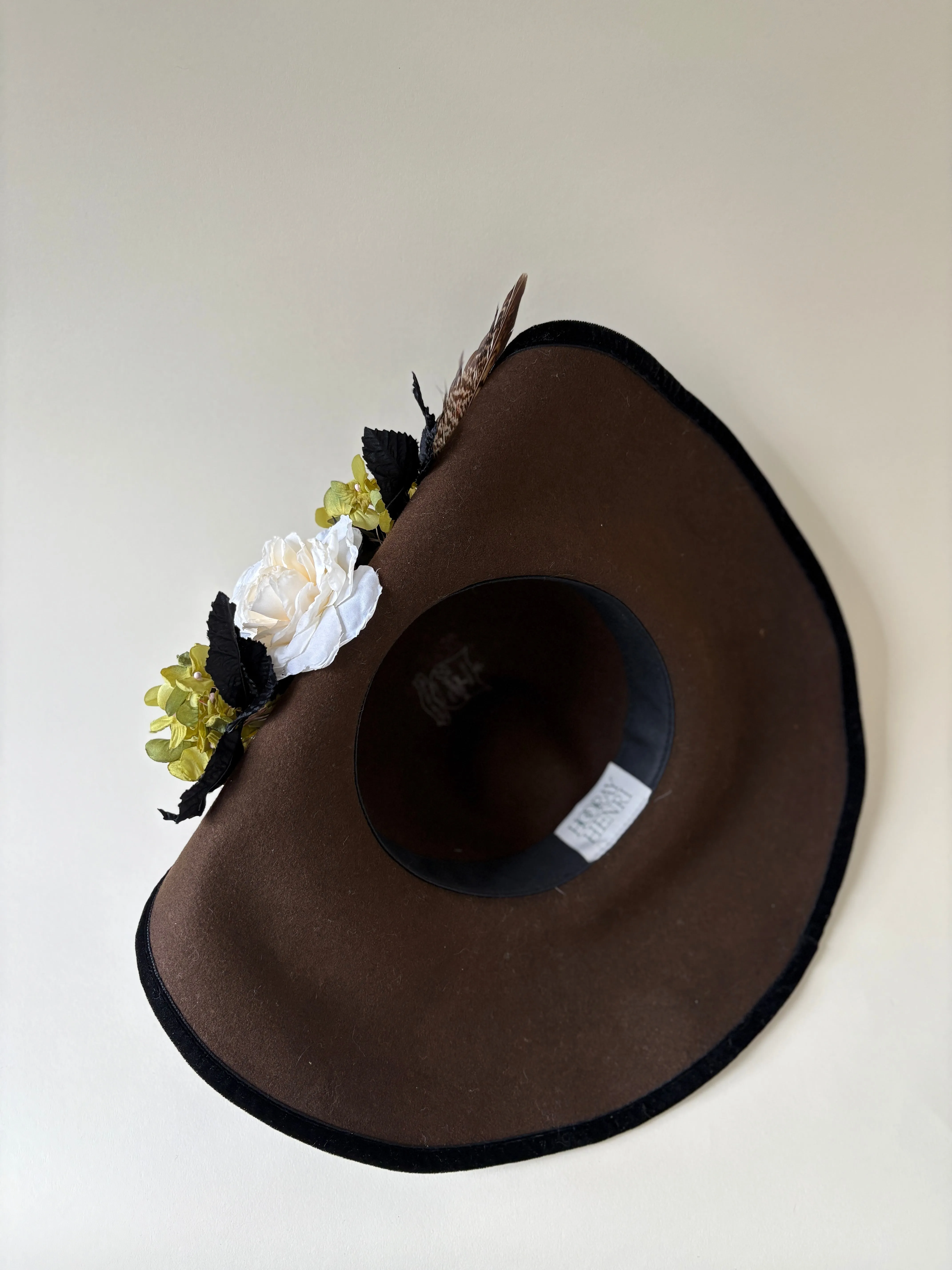 Vintage hat #021 | 1990's Brown wool felt hat with pheasant feather and flowers sold by Heirloom Hats product image thumbnail 5