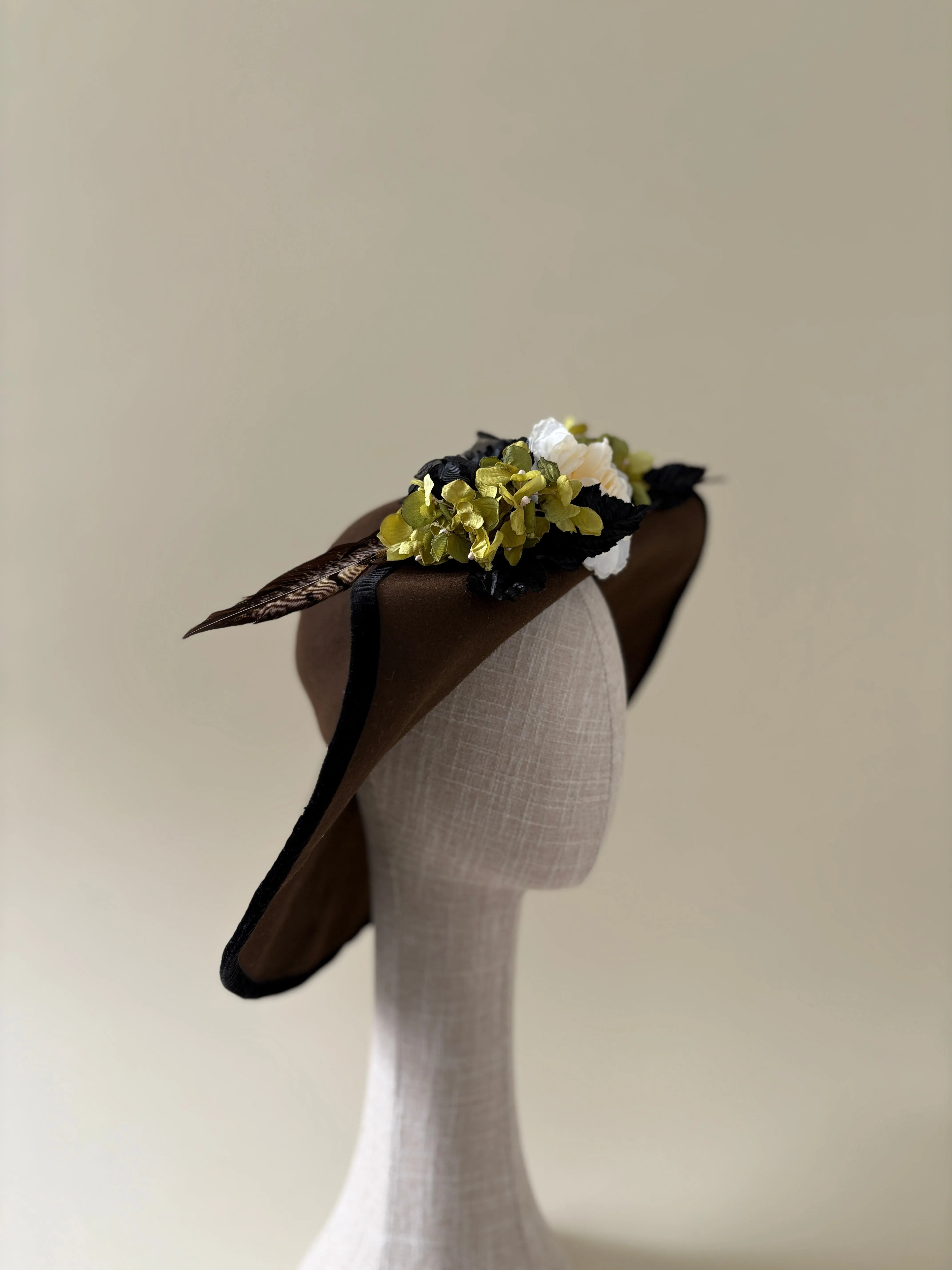 Vintage hat #021 | 1990's Brown wool felt hat with pheasant feather and flowers sold by Heirloom Hats product image thumbnail 2