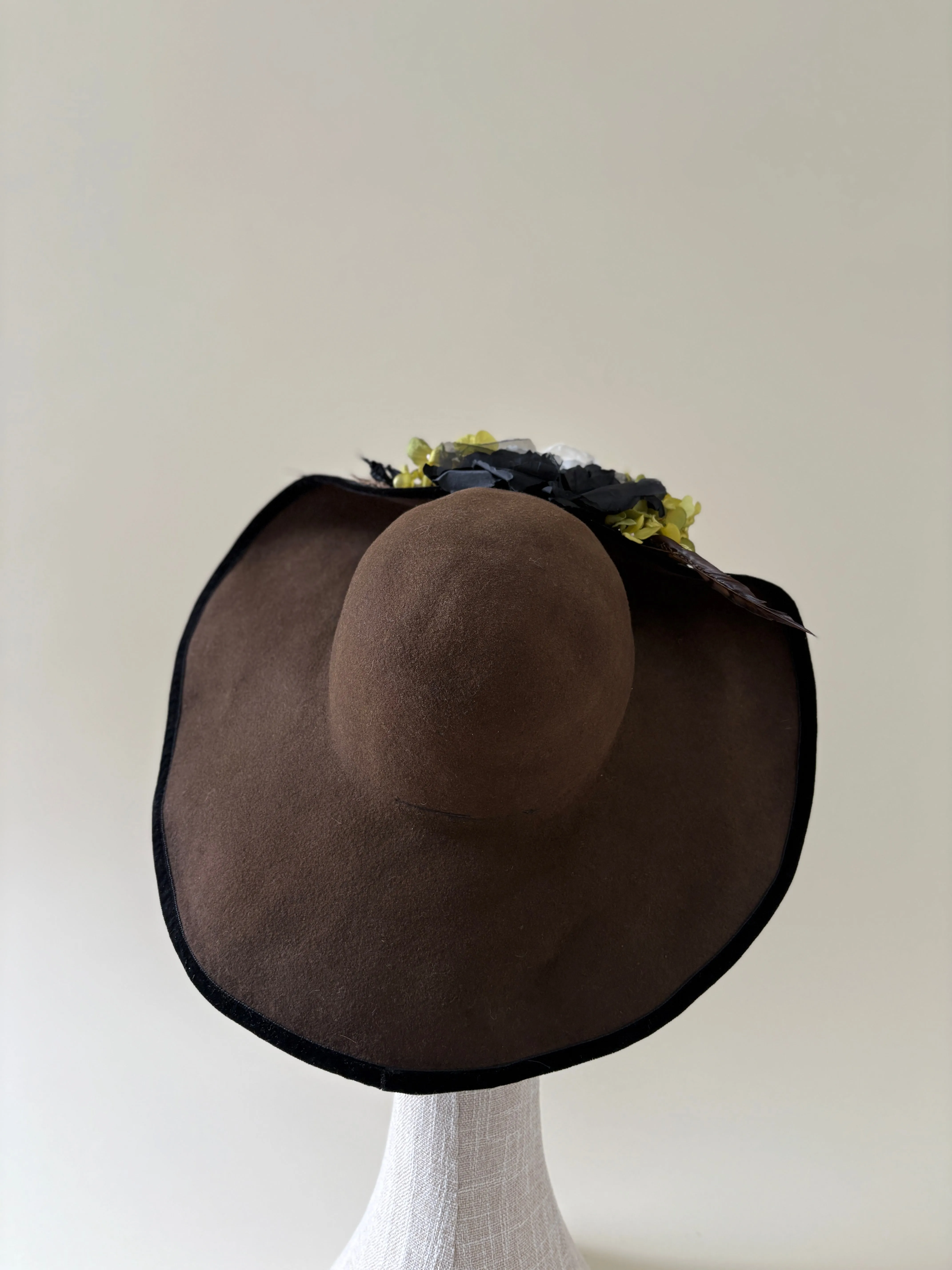 Vintage hat #021 | 1990's Brown wool felt hat with pheasant feather and flowers sold by Heirloom Hats product image thumbnail 3