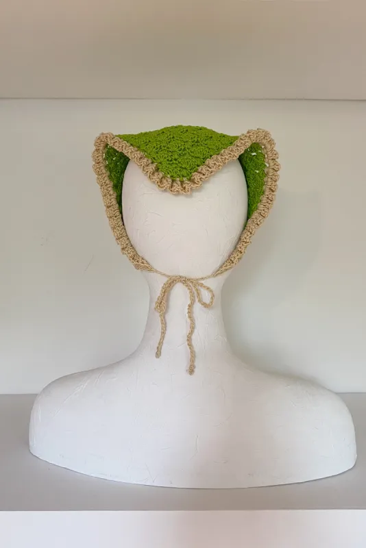 Crochet head bandana green and beige (SAMPLE) sold by Heirloom Hats