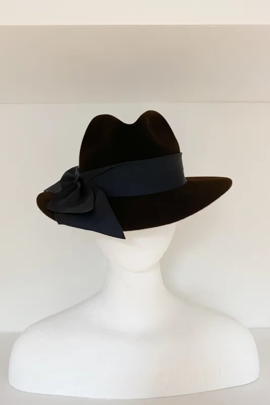 Chocolate brown and navy fedora (SIZE MEDIUM) sold by Heirloom Hats