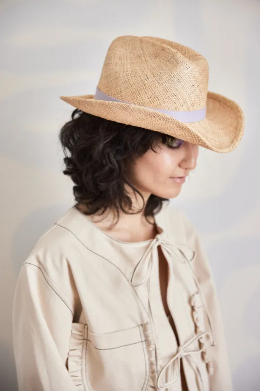 Cowboy Bebop - Natural straw with lilac leather trim sold by Heirloom Hats