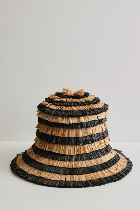 Chrysanthemum straw hat - Natural and black stripes straw fringe sold by Heirloom Hats