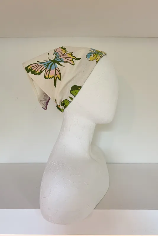 Head scarf - Cotton canvas with butterfly print (SAMPLE) sold by Heirloom Hats