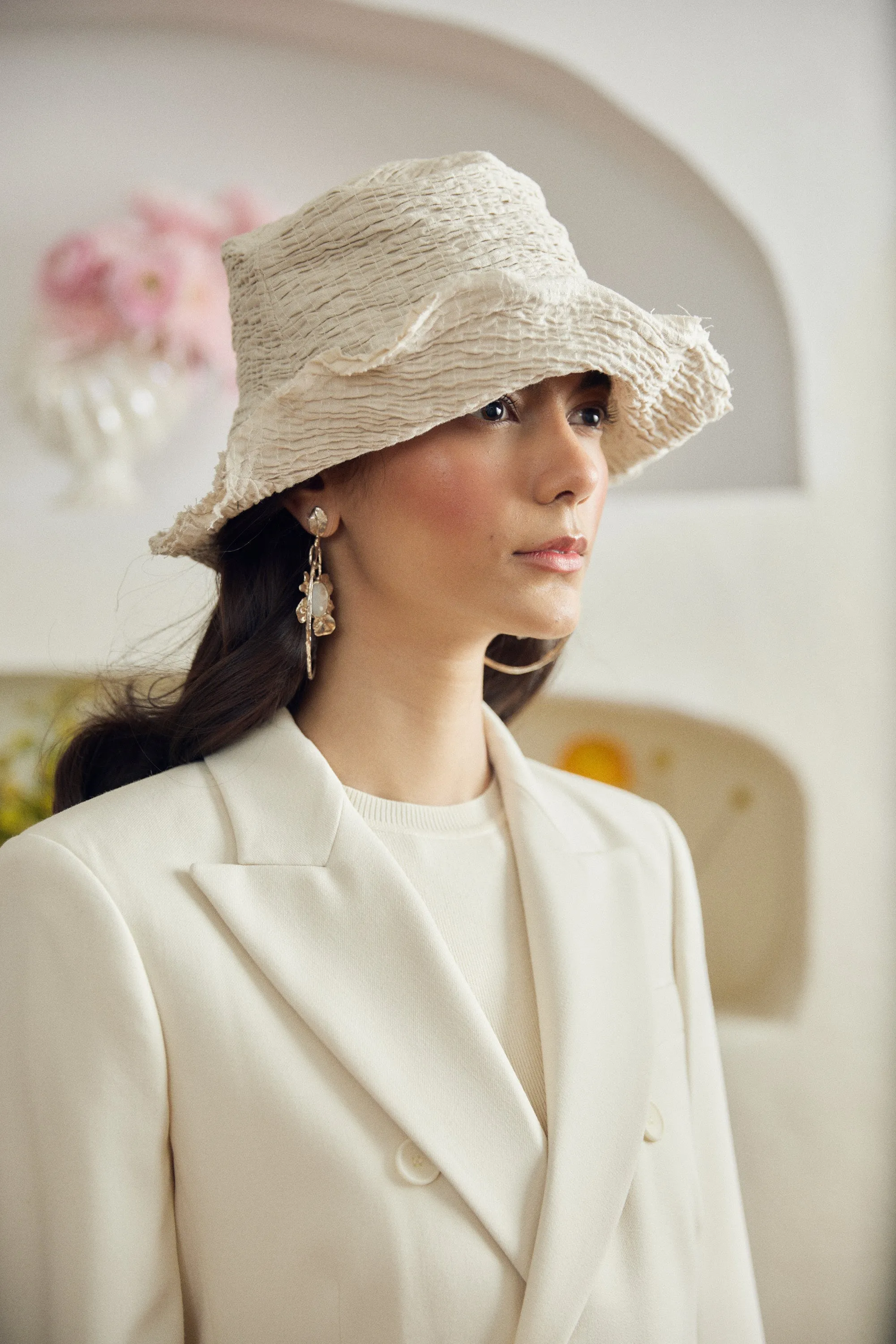 Not in a Ruche – Crinkled Linen Bucket Hat with Shapeable Brim - Cream sold by Heirloom Hats product image thumbnail 2