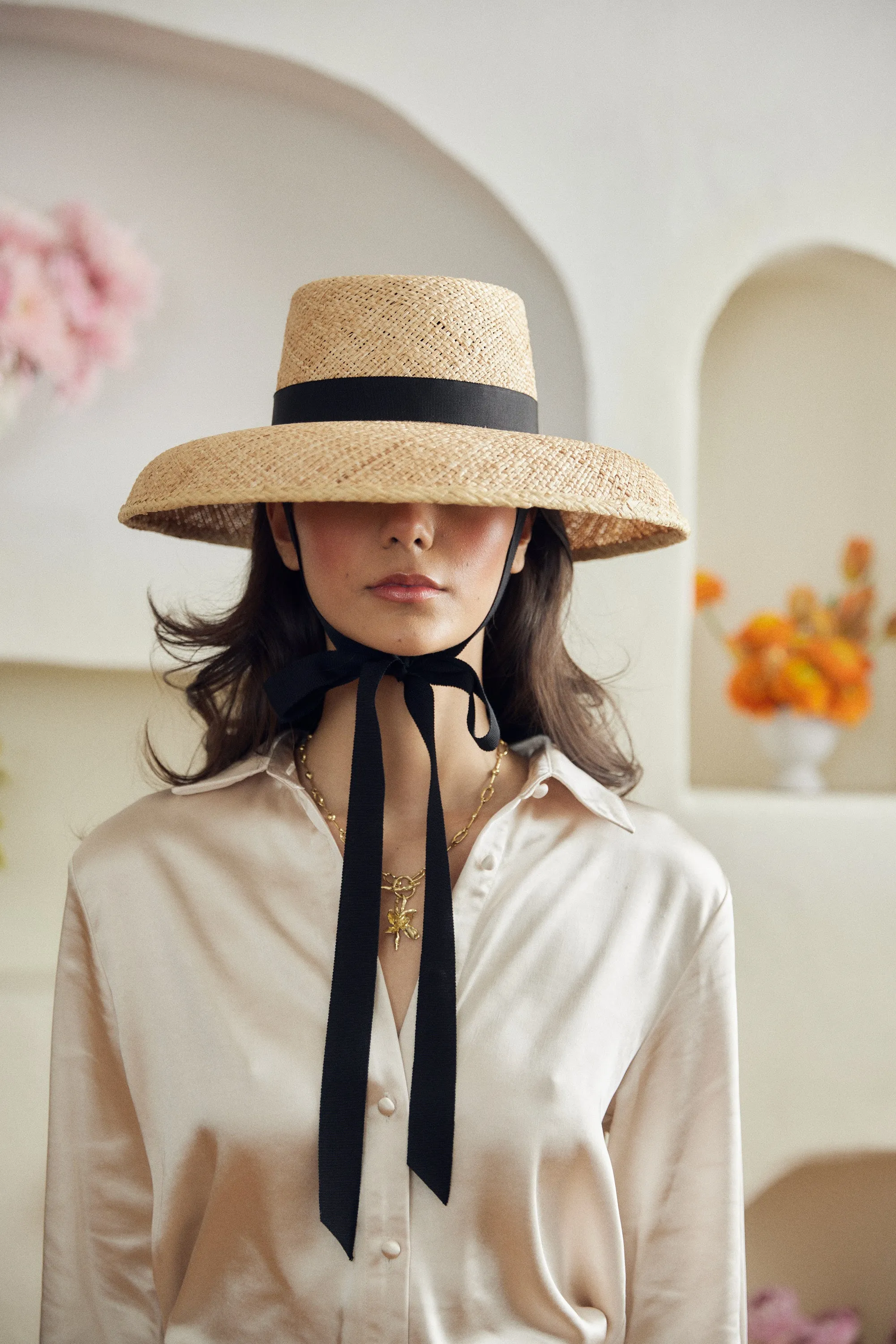 Calcarella – Classic Wide Brim Straw Boater Hat - Black Detachable Ribbon sold by Heirloom Hats product image thumbnail 2