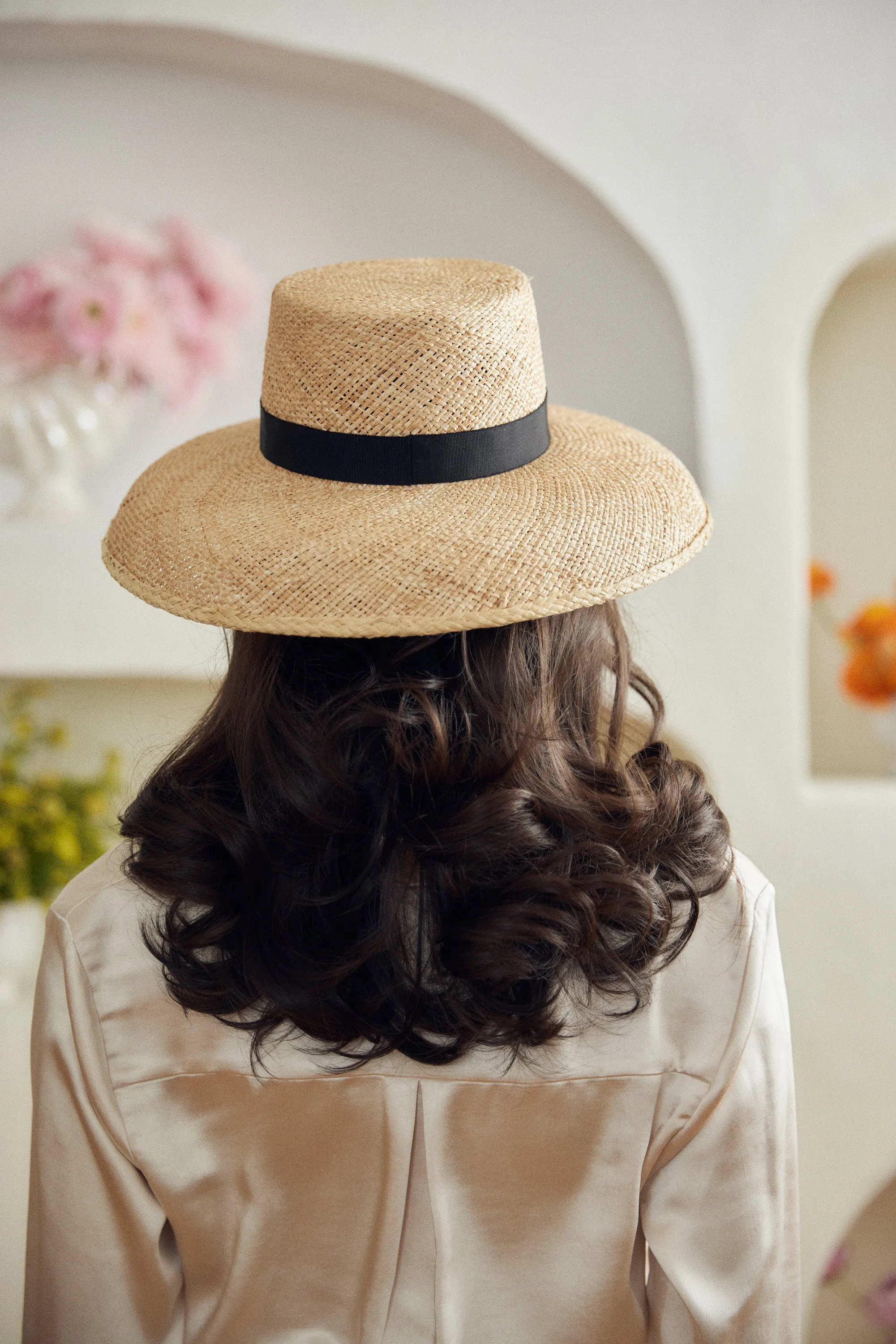 Calcarella – Classic Wide Brim Straw Boater Hat - Black Detachable Ribbon sold by Heirloom Hats product image thumbnail 4