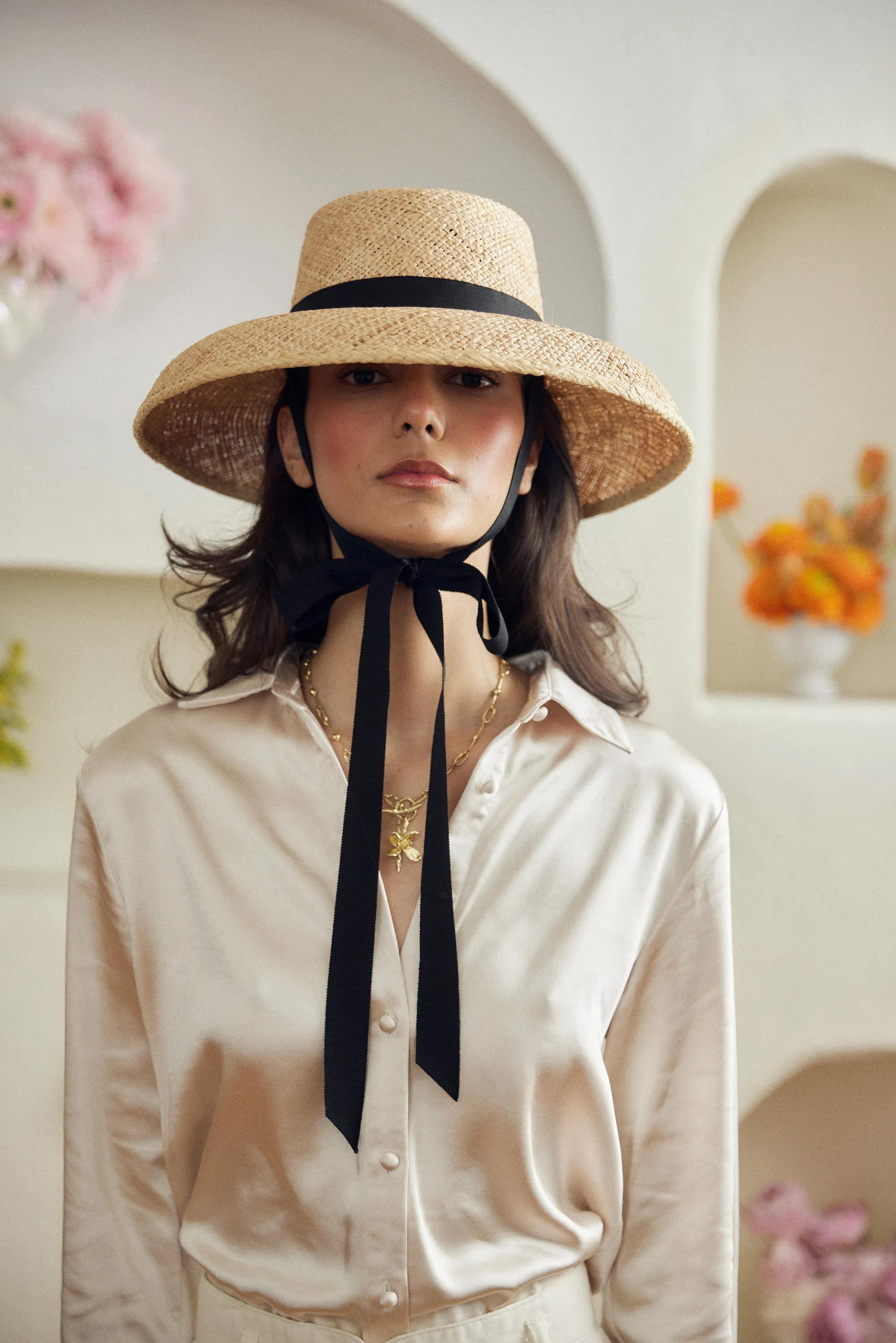 Calcarella – Classic Wide Brim Straw Boater Hat - Black Detachable Ribbon sold by Heirloom Hats product image thumbnail 3