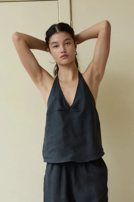 Linen Pinched Halter Top - Black sold by Deiji Studios