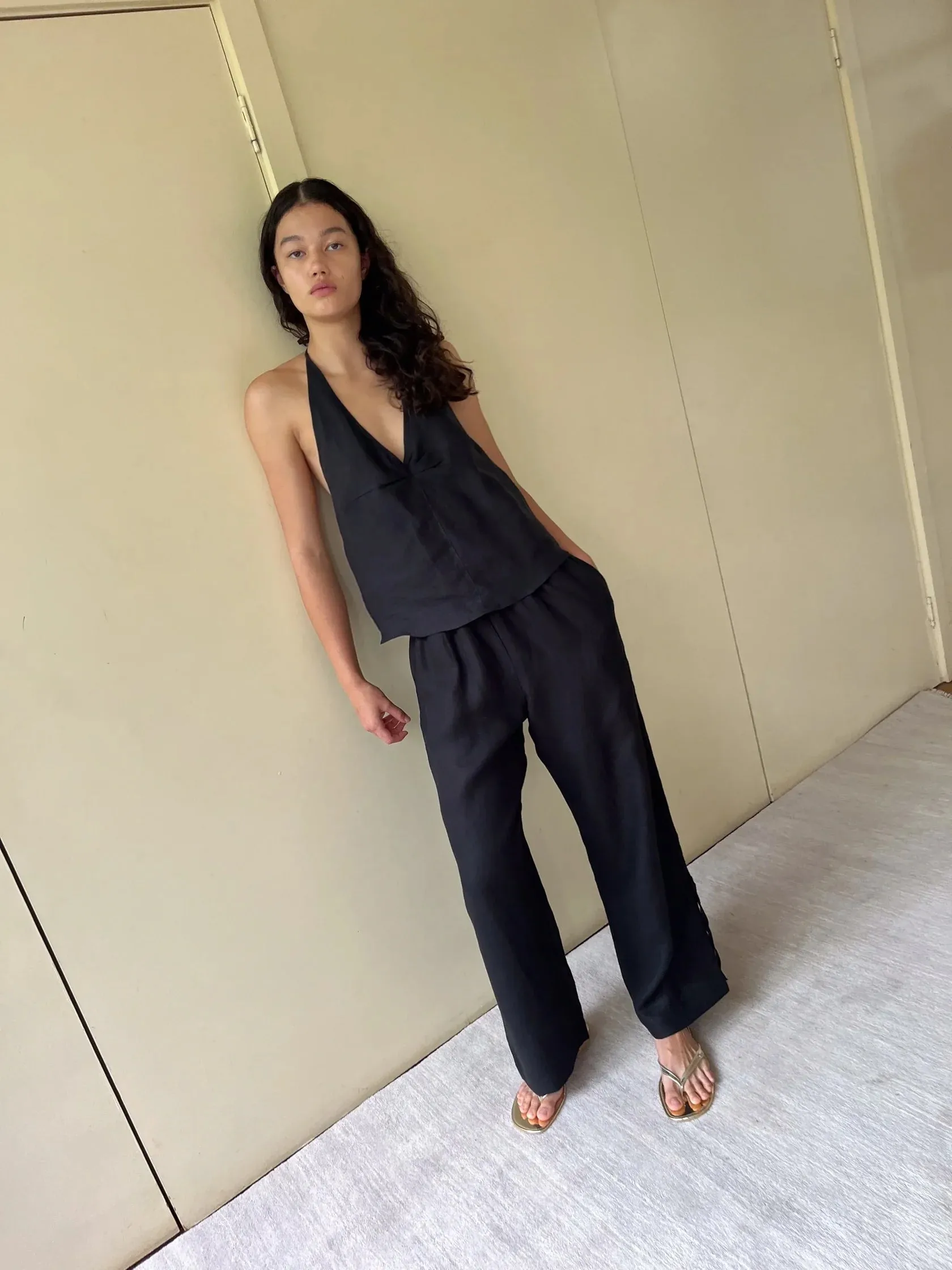 Linen Pinched Halter Top - Black sold by Deiji Studios product image thumbnail 5