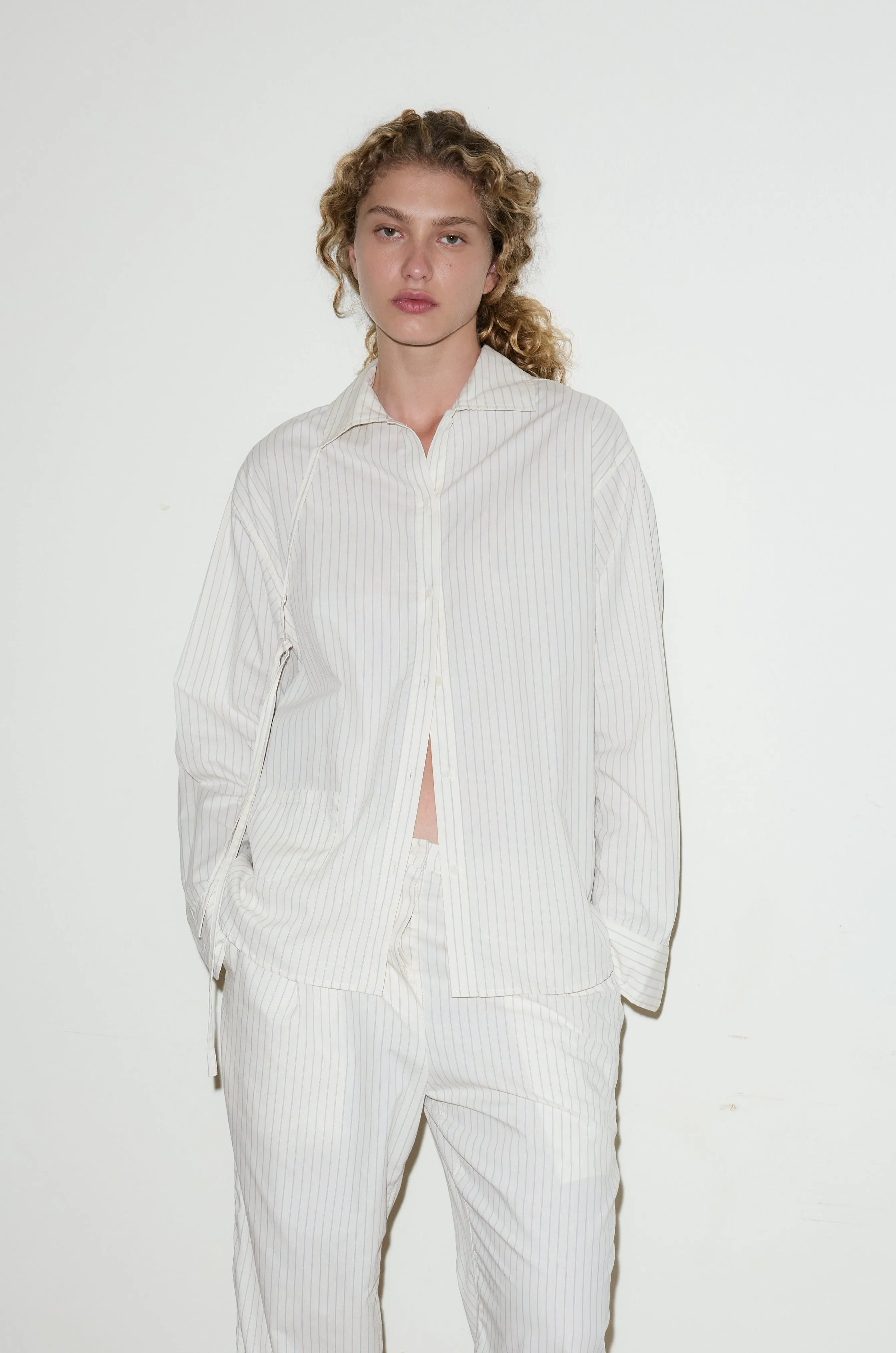 Lapel Bow Shirt - Pinstripe Cream sold by Deiji Studios