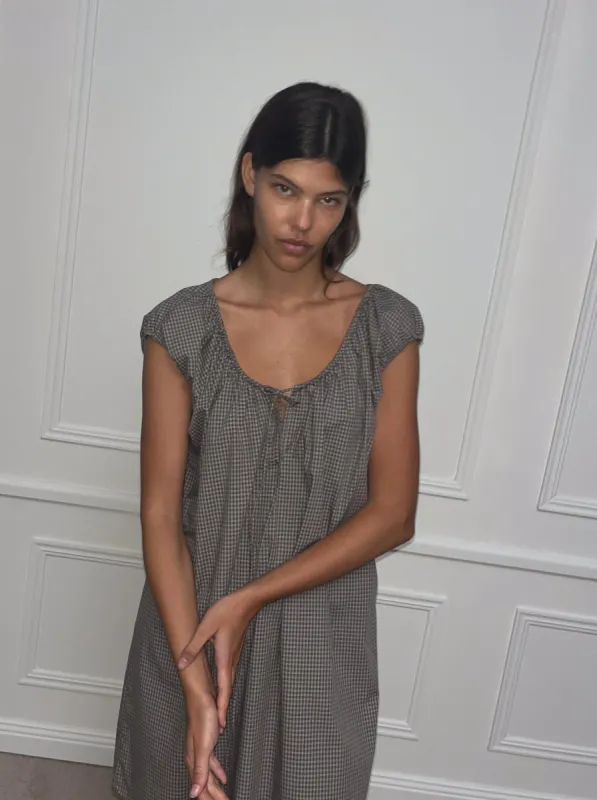 Capped Sleeve Dress - Khaki Check sold by Deiji Studios