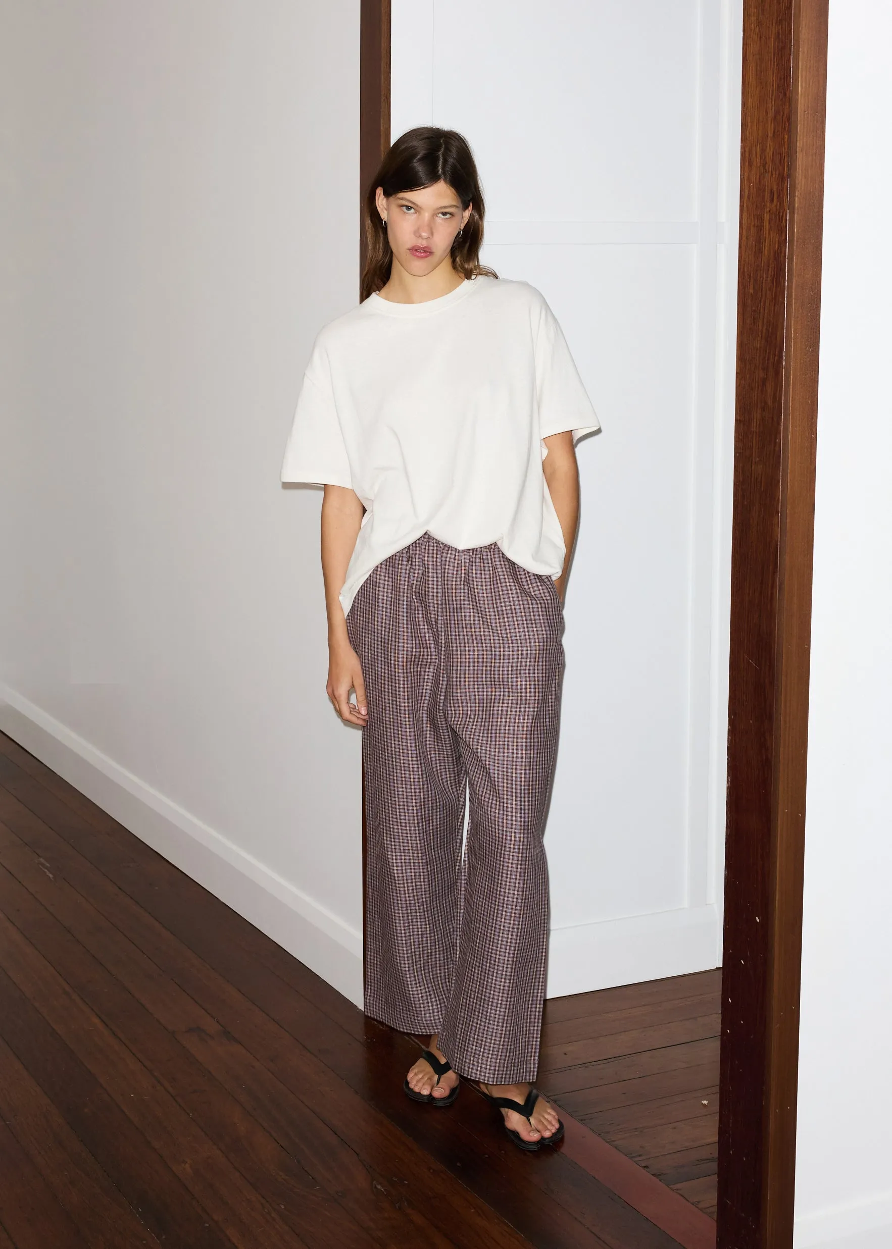 linen ease trouser - russet check sold by Deiji Studios