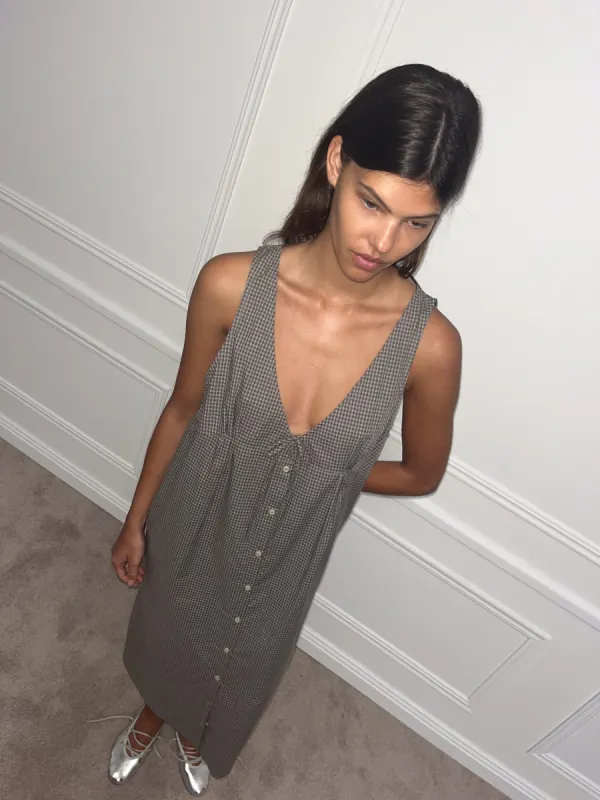 Tuck Tie Dress - Khaki Check made by Deiji Studios