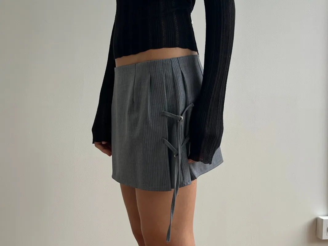 Tab Tie Skirt  - Grey Blue Stripe made by Deiji Studios