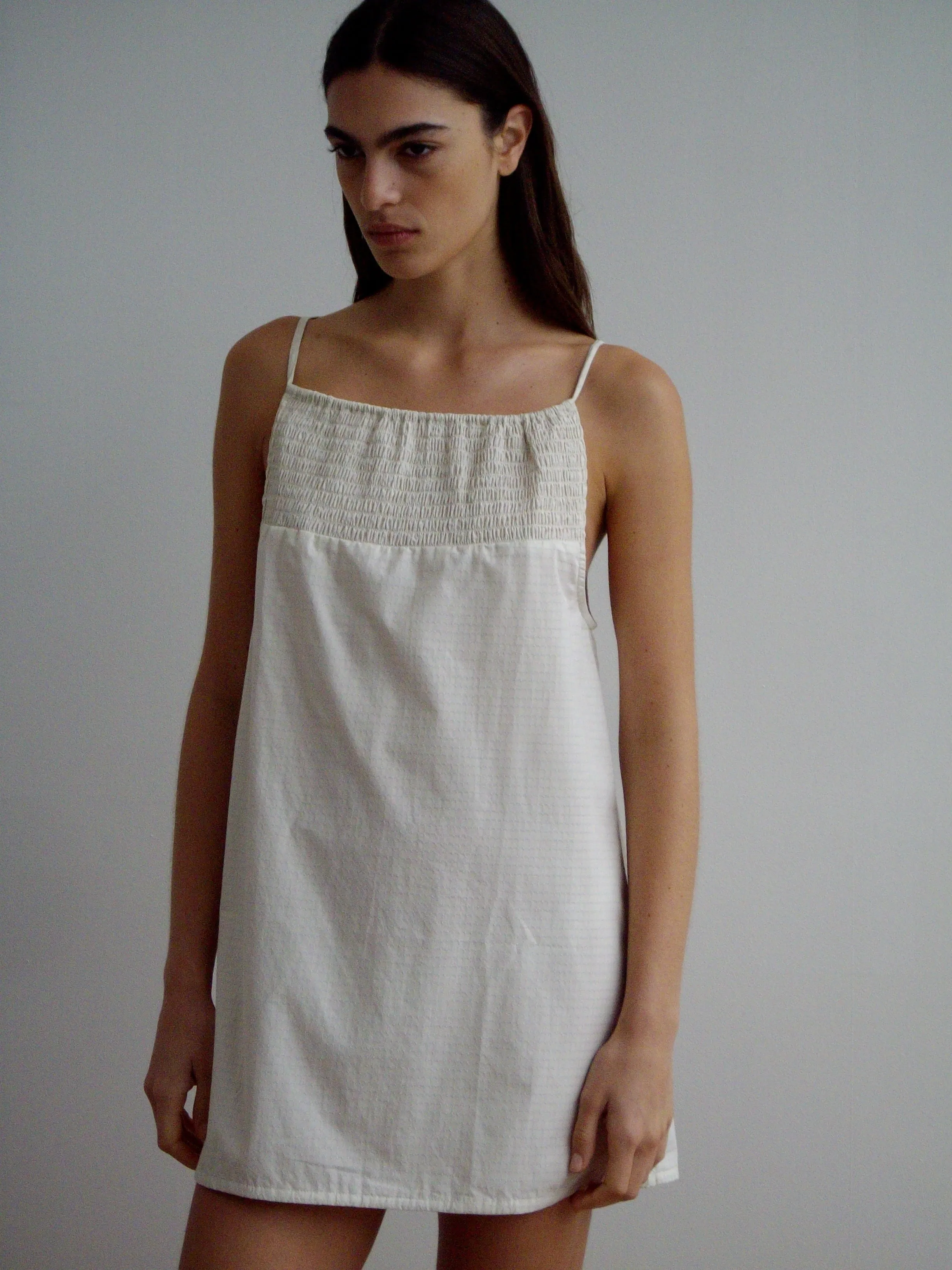 Shirring Mini Dress - Bone Check sold by Deiji Studios