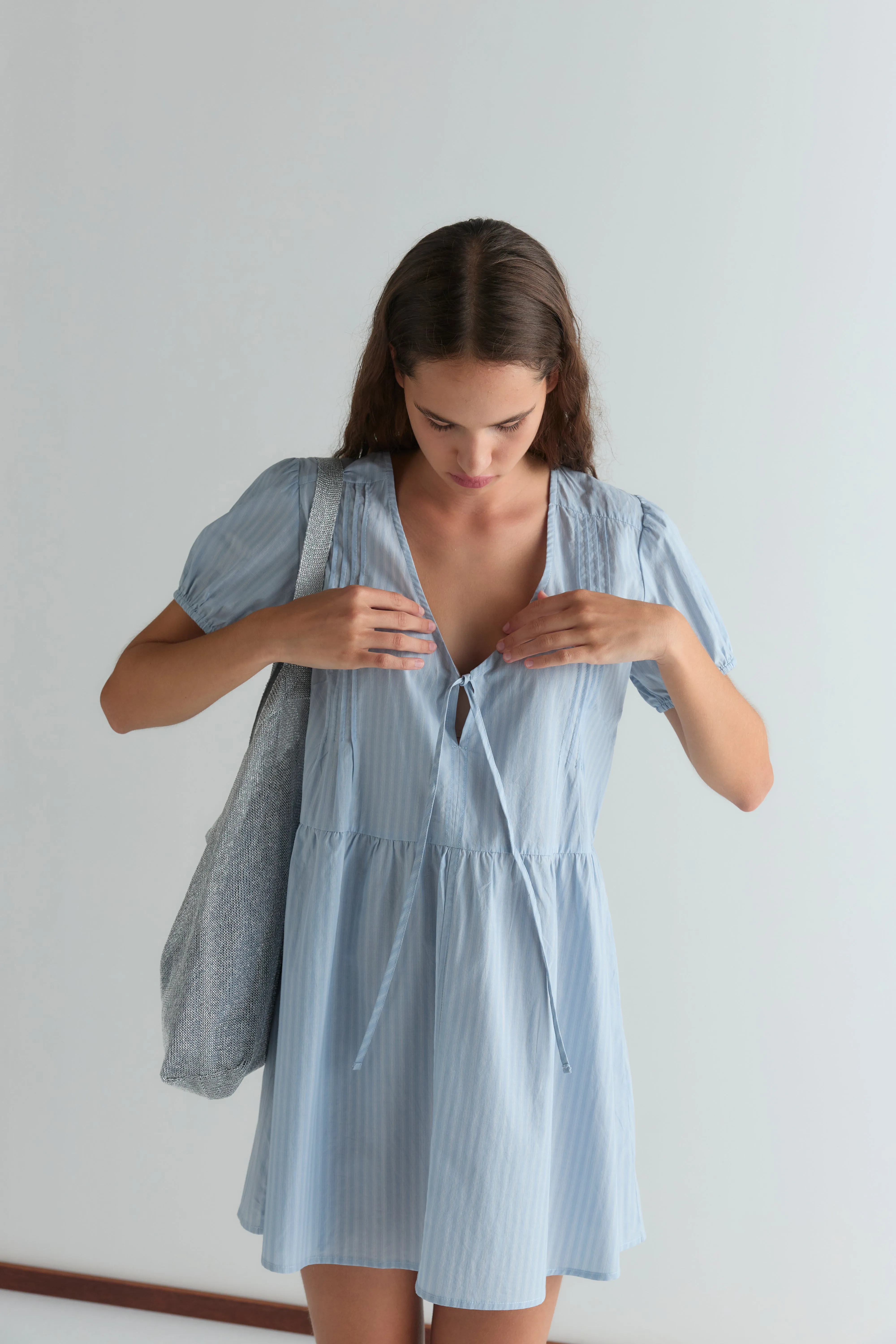 V Pleat Dress - Lake Blue Stripe sold by Deiji Studios