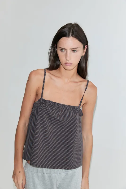 Frill Placket Top - Brown Blue Stripe made by Deiji Studios