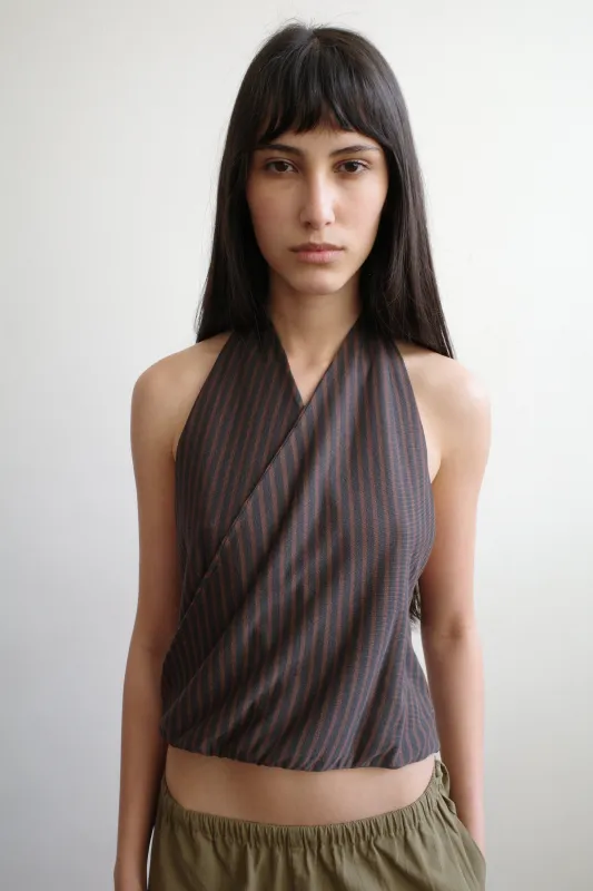 Wrap Halter Top - Brown Grey Stripe made by Deiji Studios