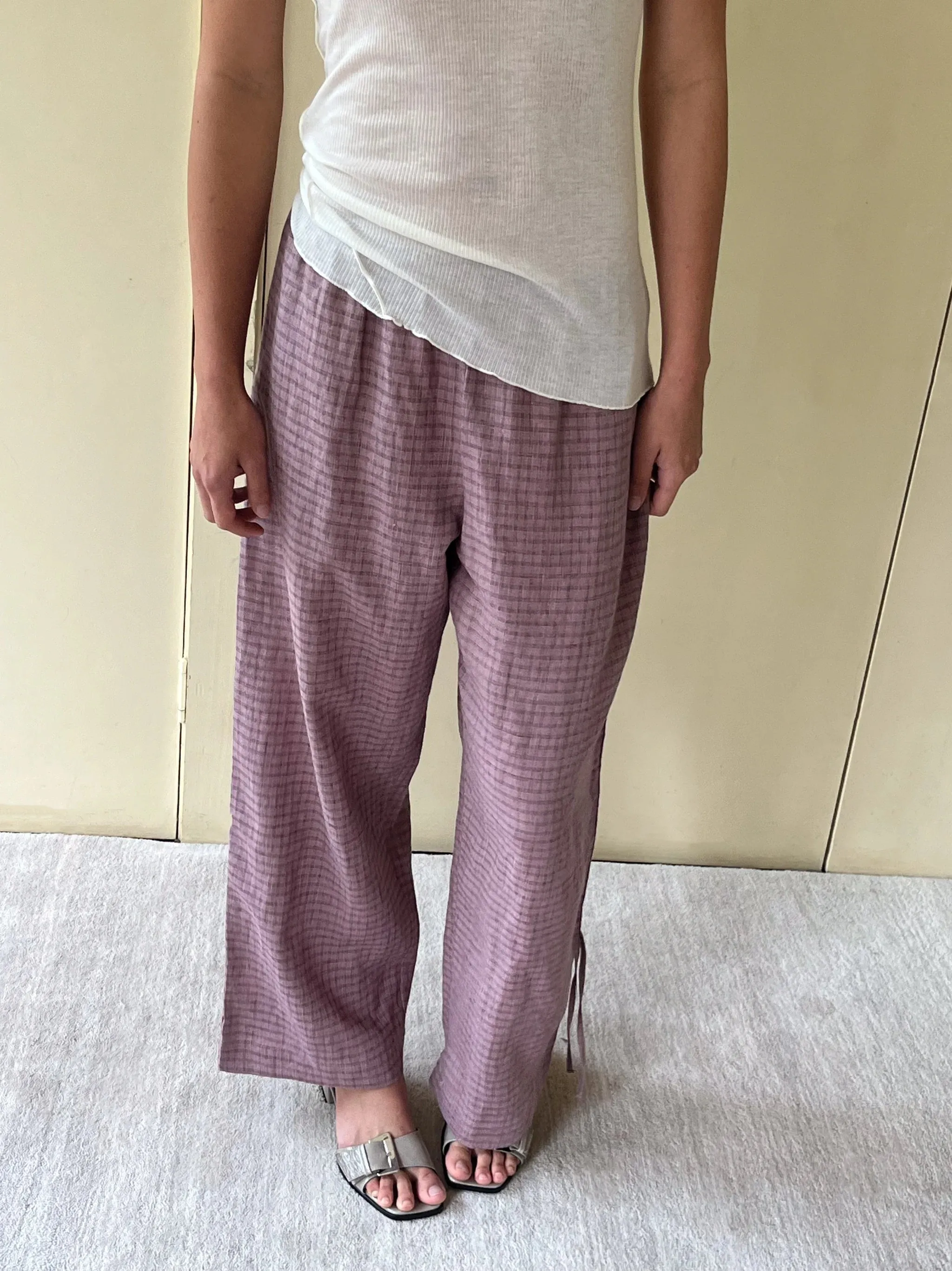 Side Stripe Linen Pant - Musk Check | Parallel