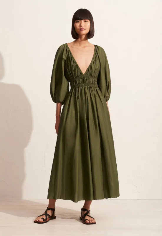 The Shirred Plunge Dress - Cypress sold by Matteau