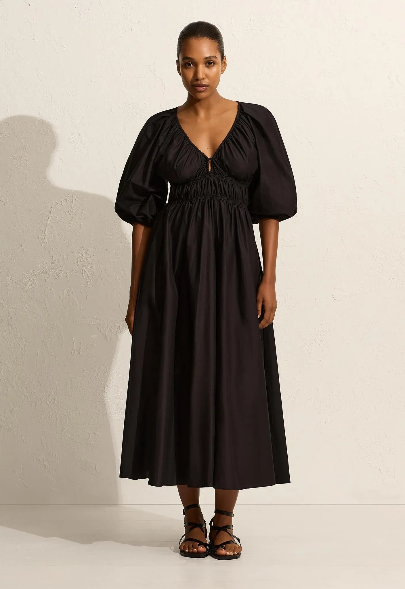 Shirred Plunge Button Dress - Black sold by Matteau