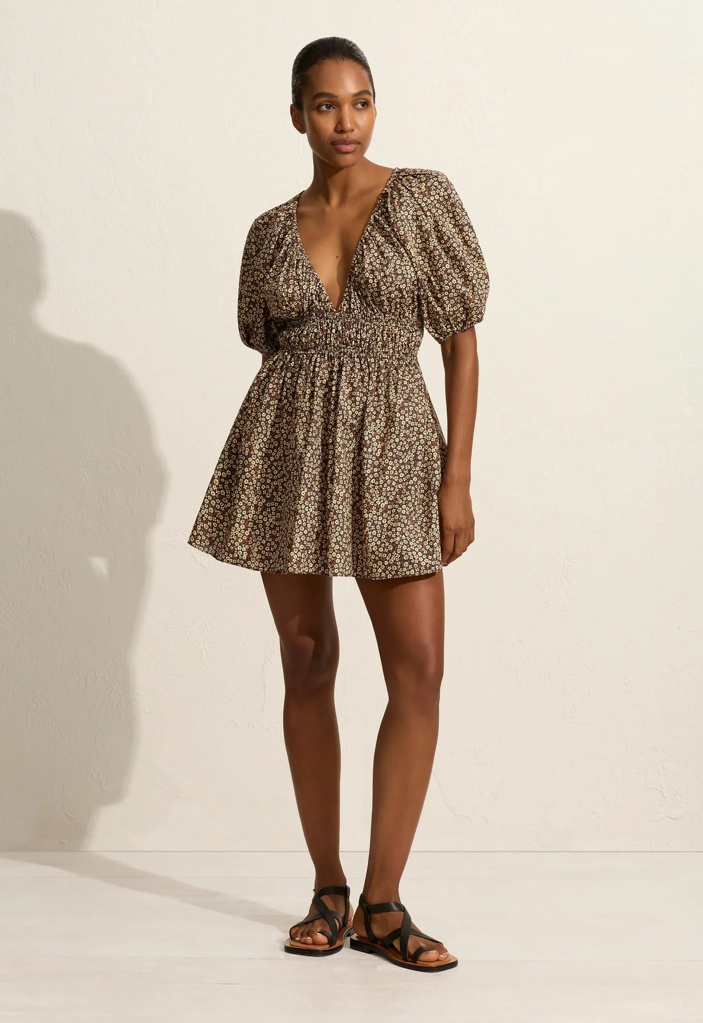 Shirred Plunge Mini Dress - Chamomile sold by Matteau