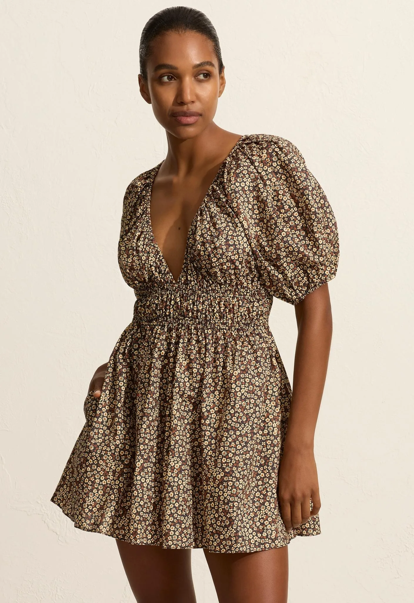 Shirred Plunge Mini Dress - Chamomile sold by Matteau product image thumbnail 2