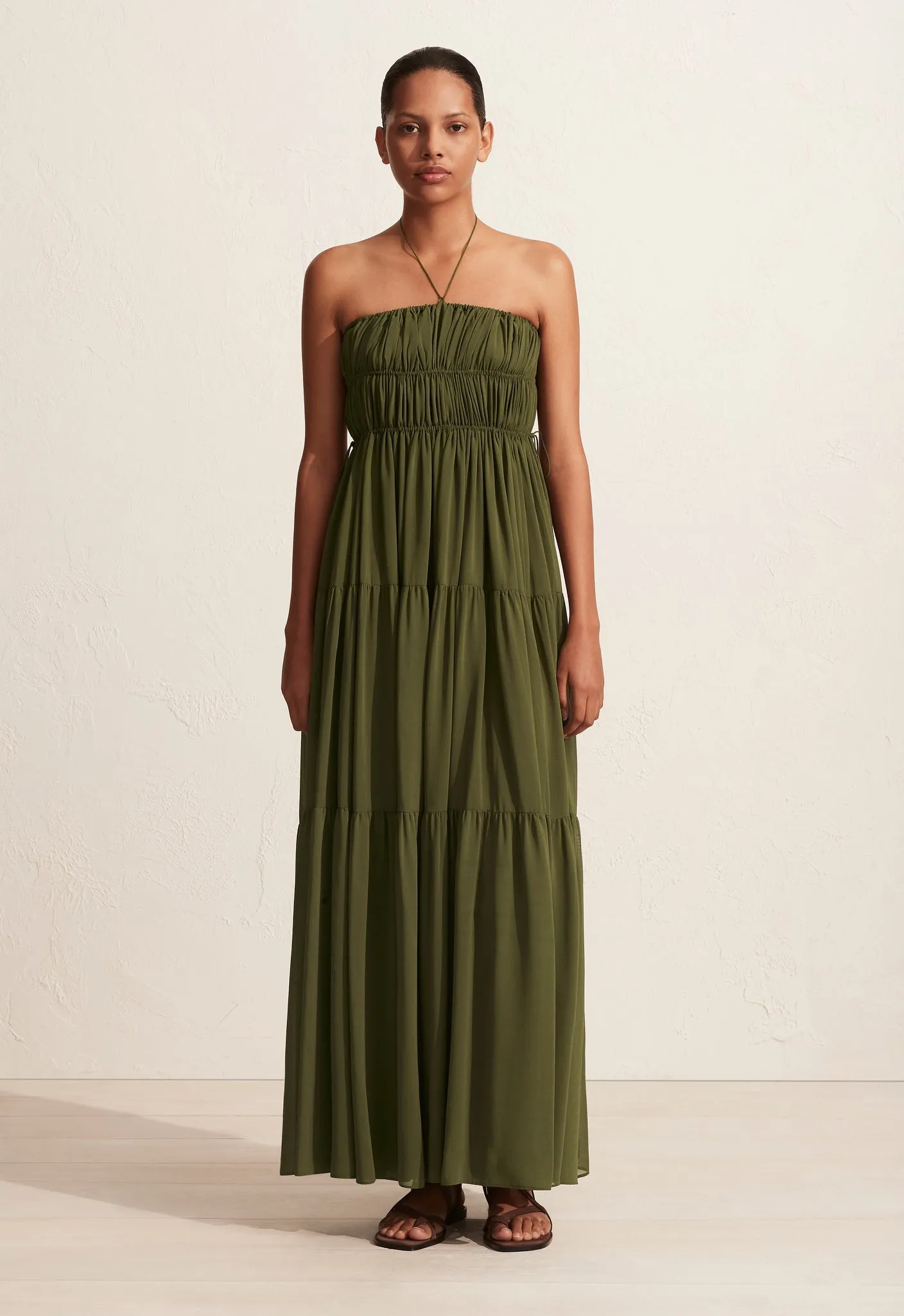 The Shirred Halter Dress - Cypress sold by Matteau