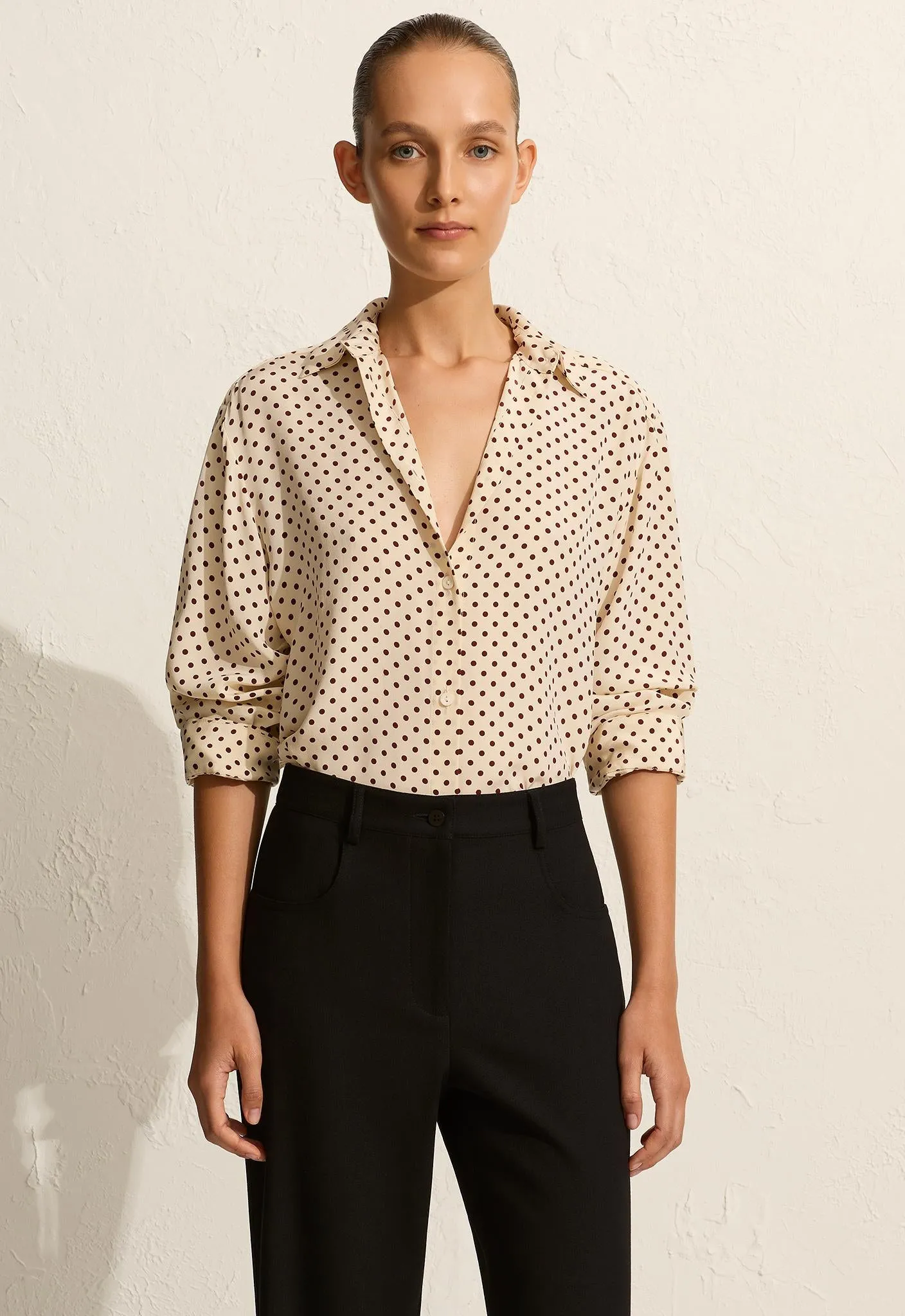 Long Sleeve Silk Shirt - Burgundy Polka Dot sold by Matteau