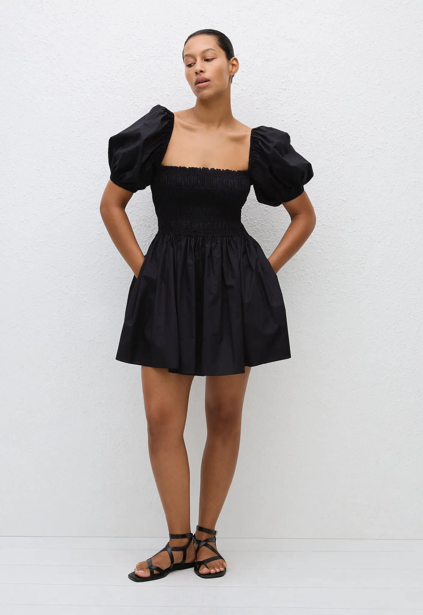 Shirred Peasant Mini Dress - Black sold by Matteau