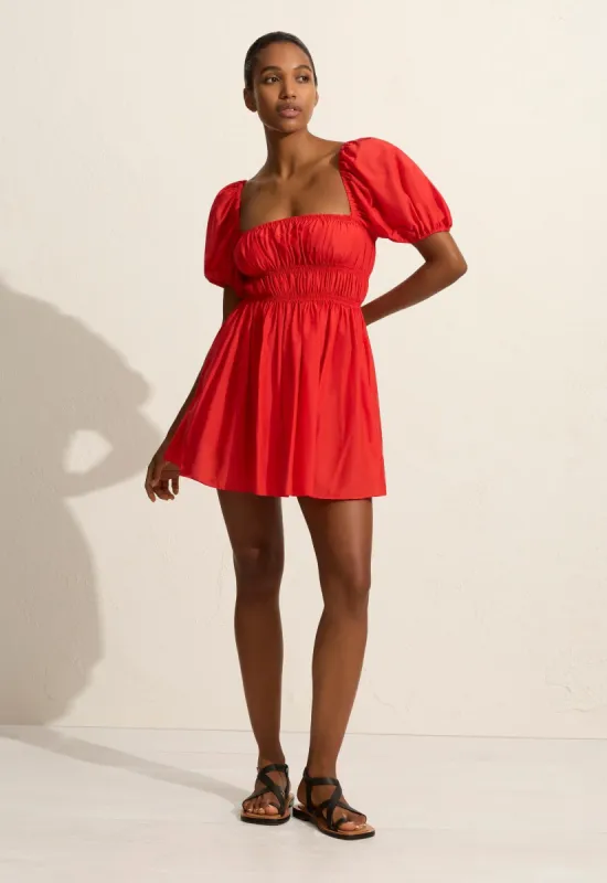 Shirred Peasant Mini Dress - Rosso sold by Matteau