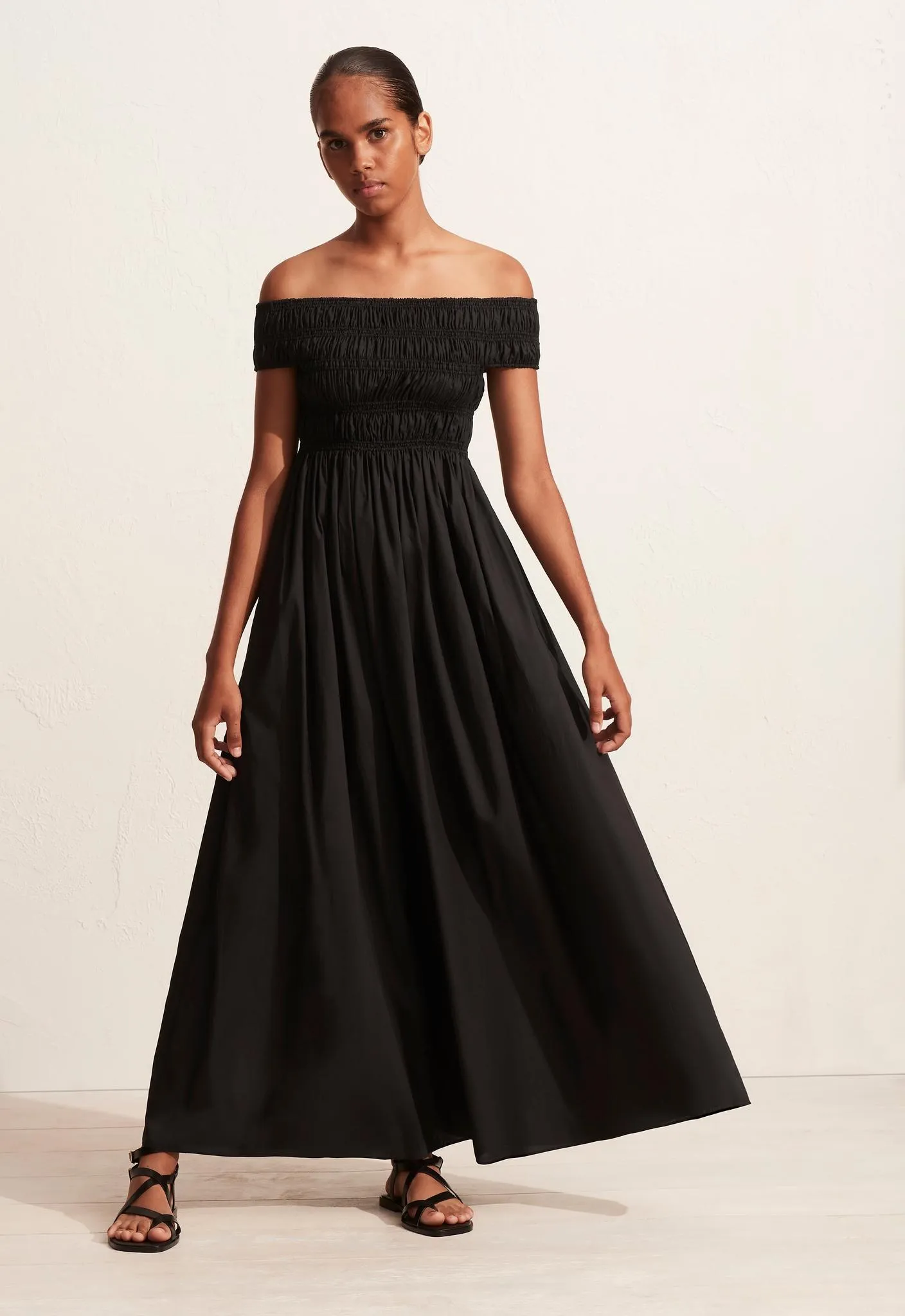 Shirred Off The Shoulder Dress - Black sold by Matteau