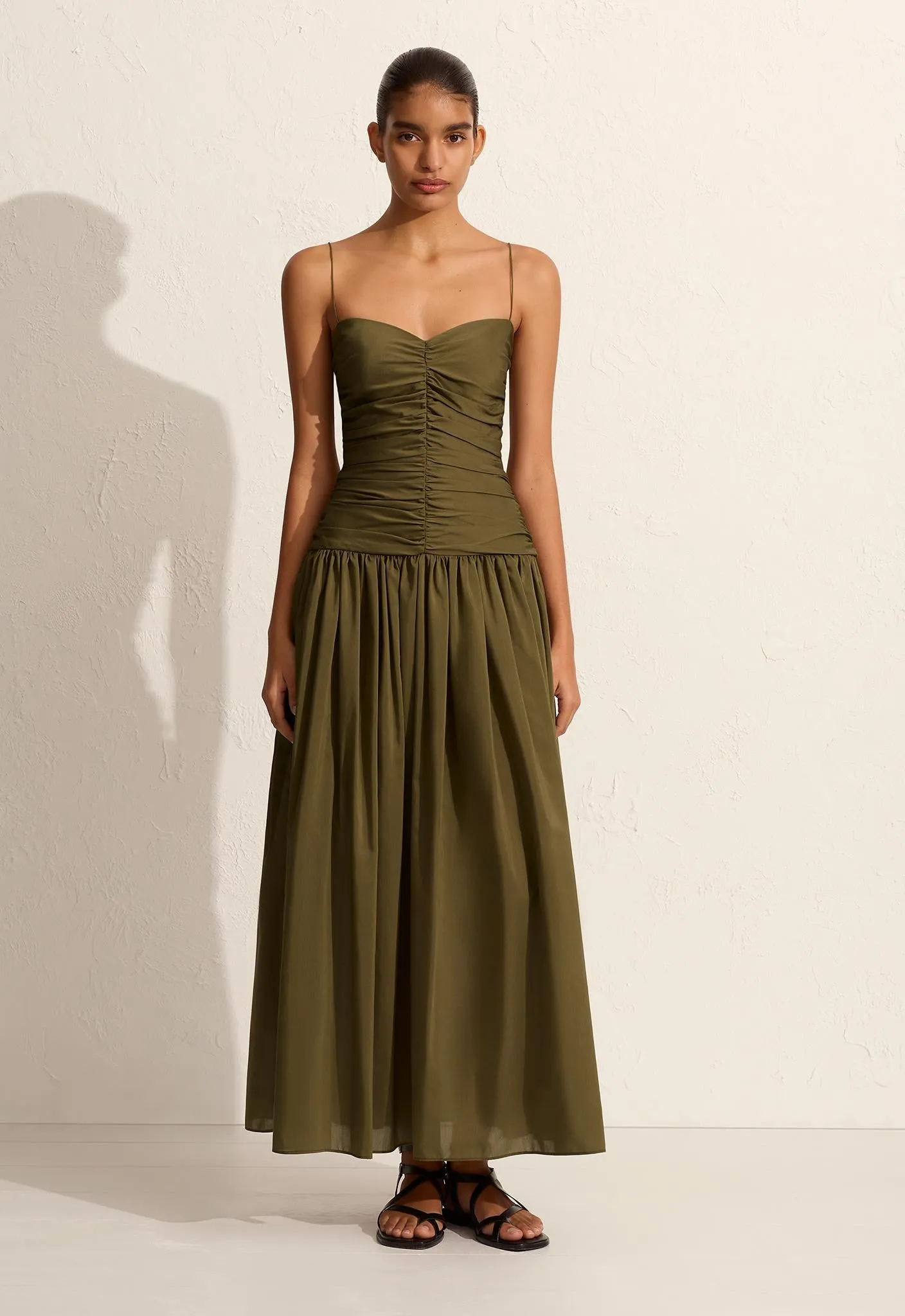 Gathered Drop Waist Dress - Olive sold by Matteau