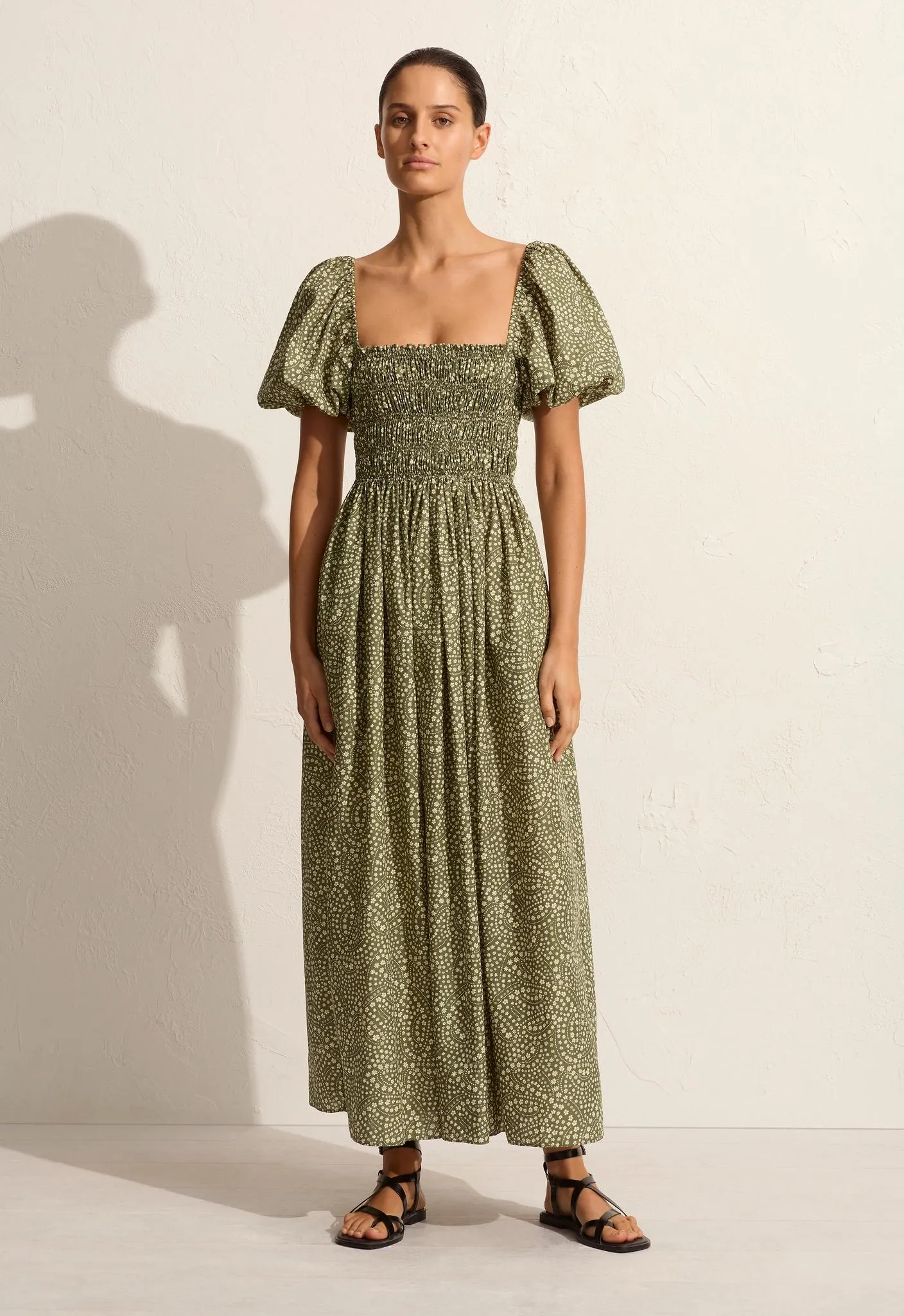 Shirred Bodice Peasant Dress - Jasmine (Olive) sold by Matteau
