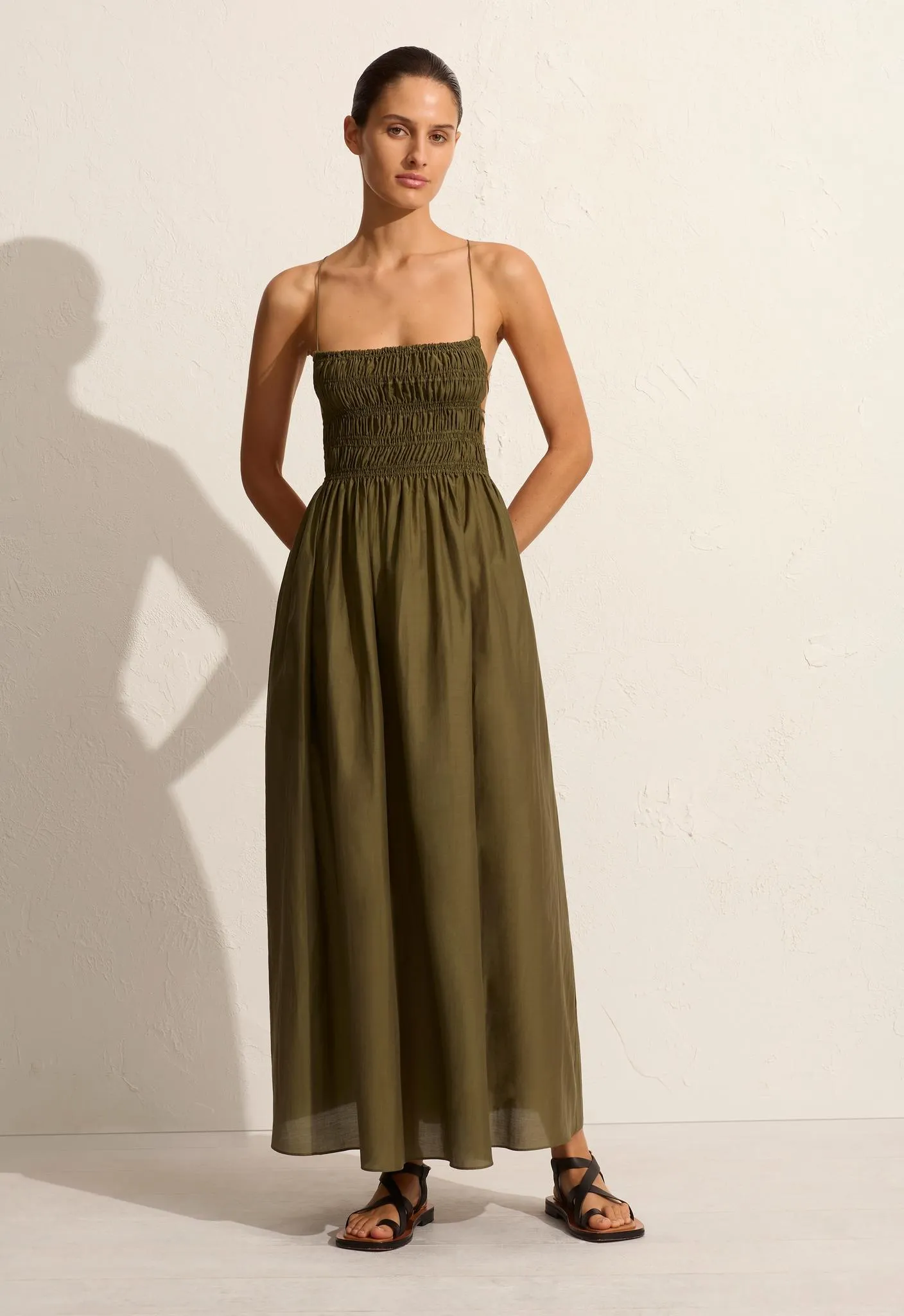 Shirred Lace Up Dress - Olive sold by Matteau