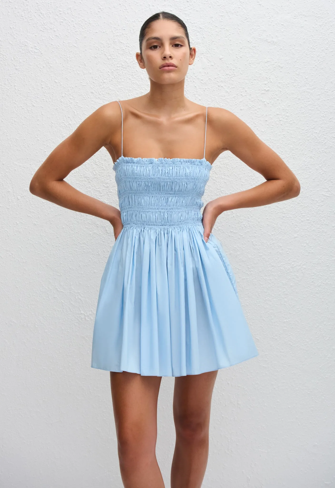 Shirred Bodice Mini Dress - Sky sold by Matteau